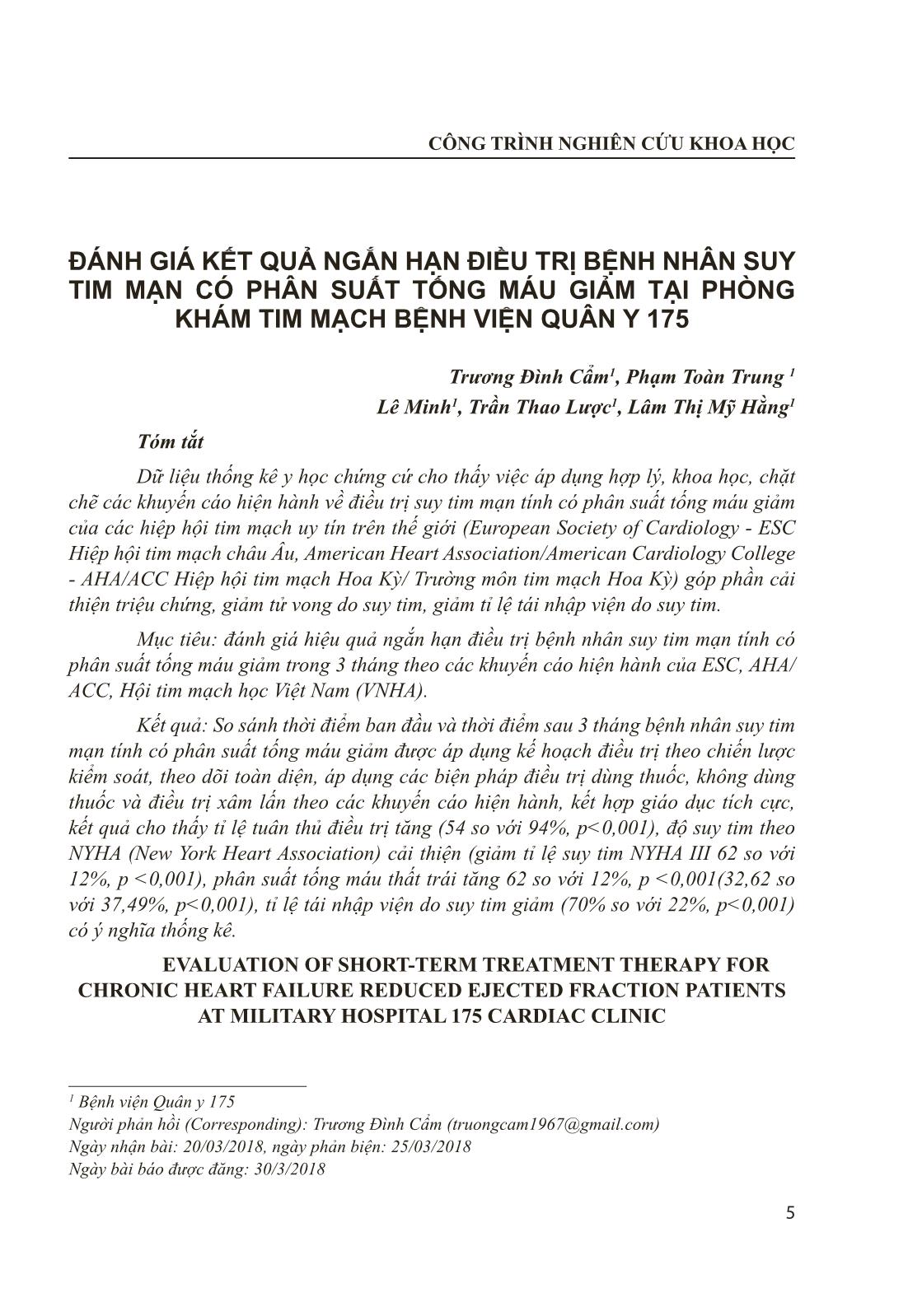 Đánh giá kết quả ngắn hạn điều trị bệnh nhân suy tim mạn có phân suất tống máu giảm tại phòng khám tim mạch Bệnh viện Quân y 175 trang 1