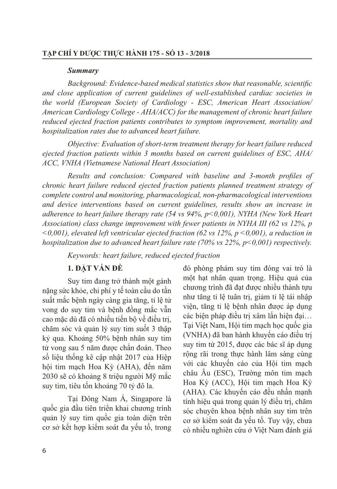 Đánh giá kết quả ngắn hạn điều trị bệnh nhân suy tim mạn có phân suất tống máu giảm tại phòng khám tim mạch Bệnh viện Quân y 175 trang 2