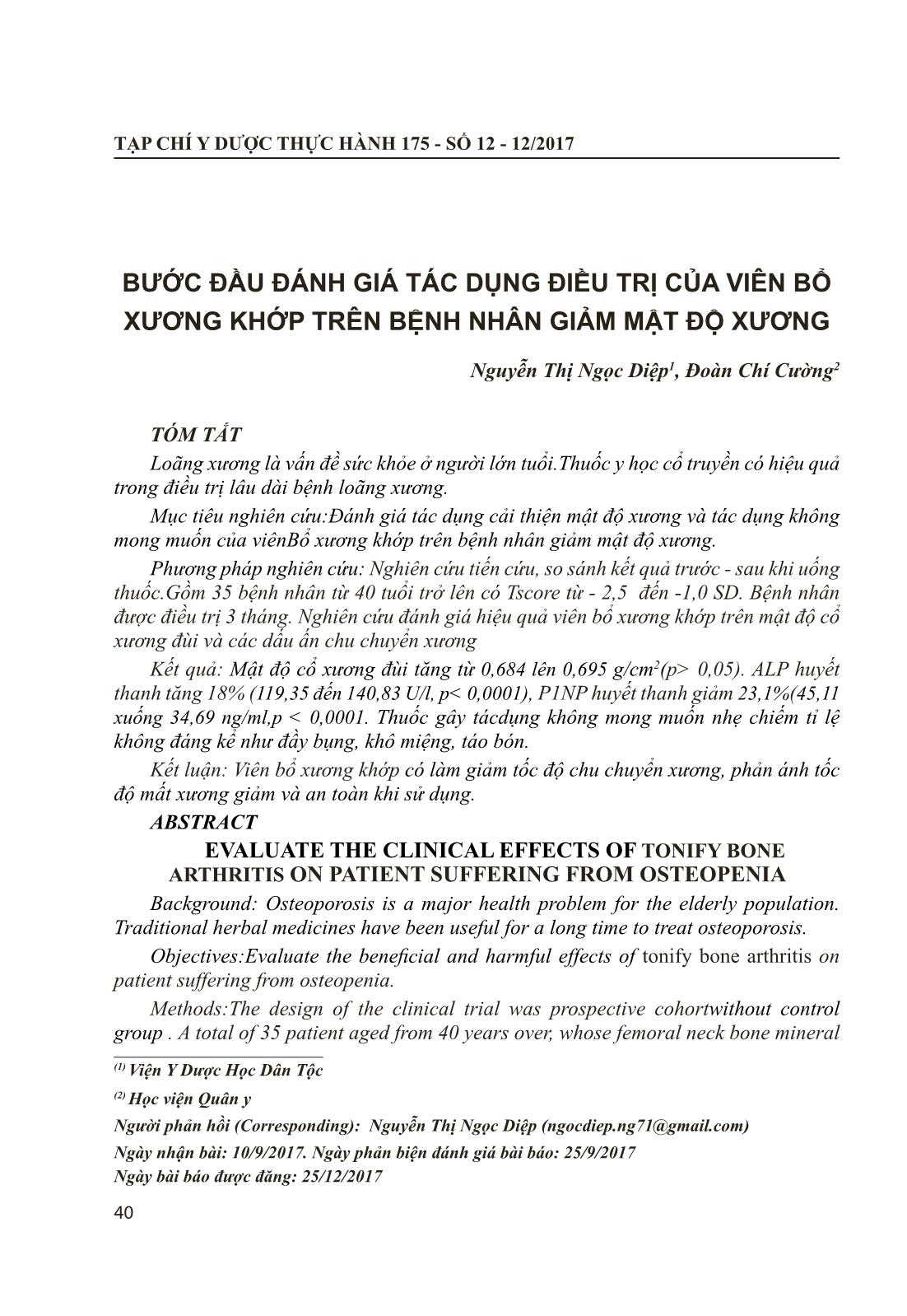 Bước đầu đánh giá tác dụng điều trị của viên bổ xương khớp trên bệnh nhân giảm mật độ xương trang 1