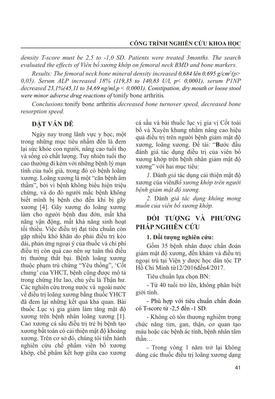 Bước đầu đánh giá tác dụng điều trị của viên bổ xương khớp trên bệnh nhân giảm mật độ xương trang 2