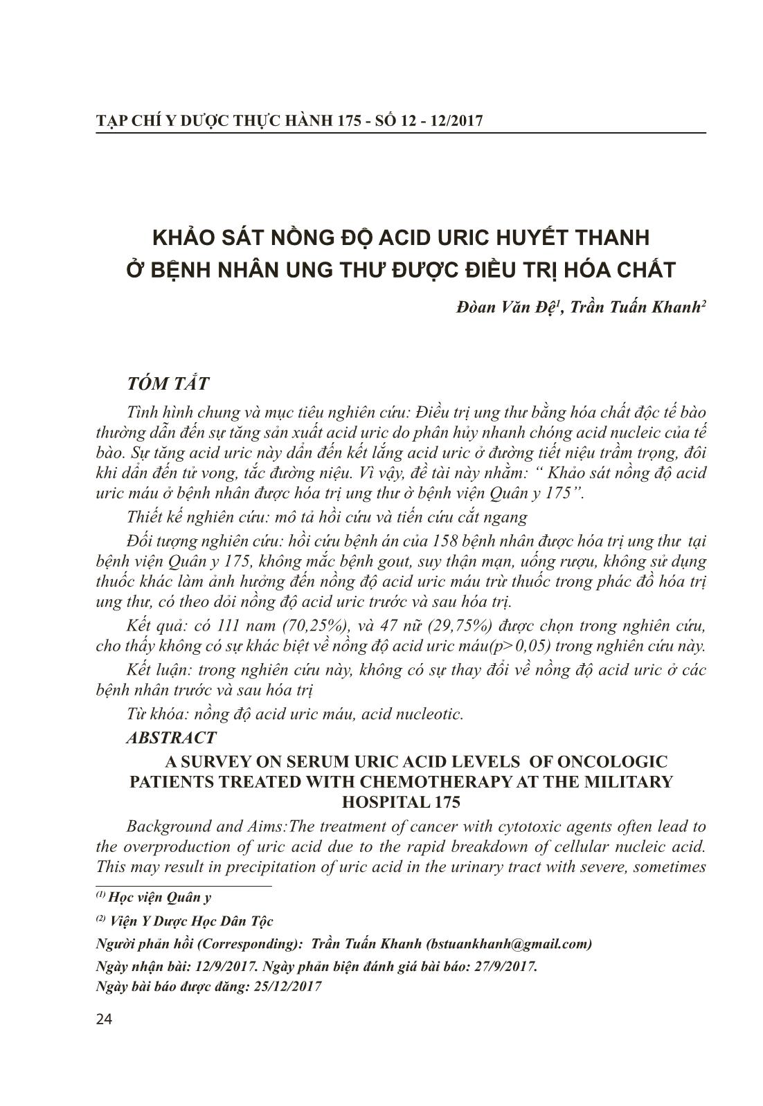 Khảo sát nồng độ Acid Uric huyết thanh ở bệnh nhân ung thư được điều trị hóa chất trang 1