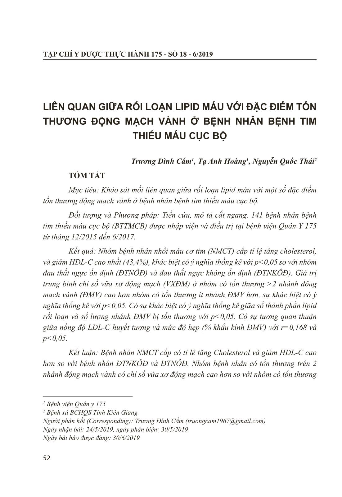 Liên quan giữa rối loạn Lipid máu với đặc điểm tổn thương động mạch vành ở bệnh nhân bệnh tim thiếu máu cục bộ trang 1