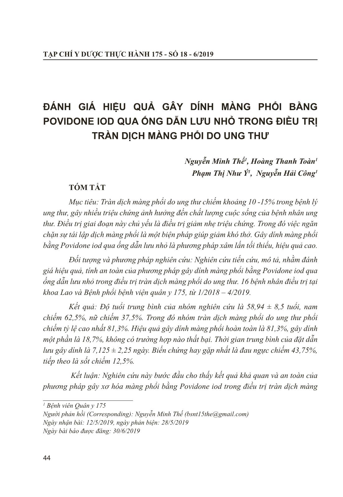 Đánh giá hiệu quả gây dính màng phổi bằng Povidone Iod qua ống dẫn lưu nhỏ trong điều trị tràn dịch màng phổi do ung thư trang 1