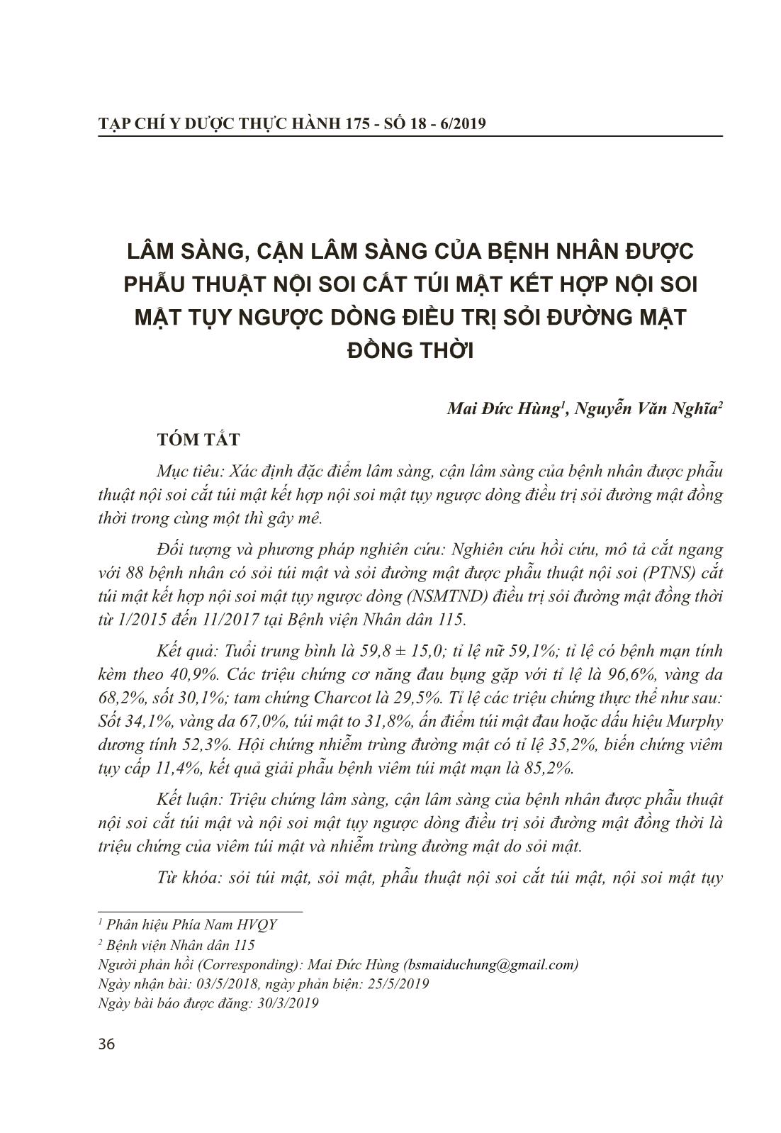 Lâm sàng, cận lâm sàng của bệnh nhân được phẫu thuật nội soi cắt túi mật kết hợp nội soi mật tụy ngược dòng điều trị sỏi đường mật đồng thời trang 1