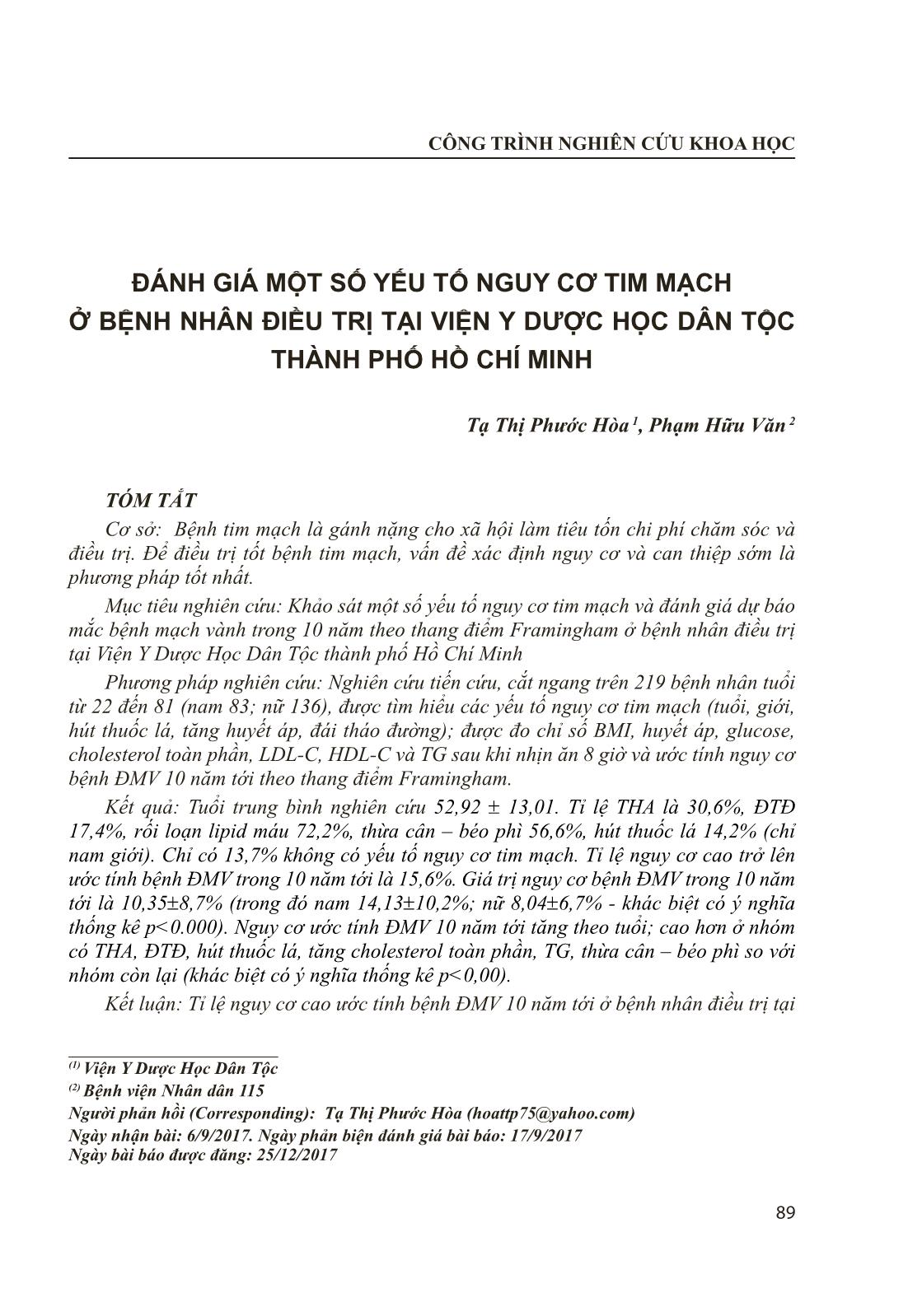 Đánh giá một số yếu tố nguy cơ tim mạch ở bệnh nhân điều trị tại Viện Y dược học dân tộc Thành phố Hồ Chí Minh trang 1