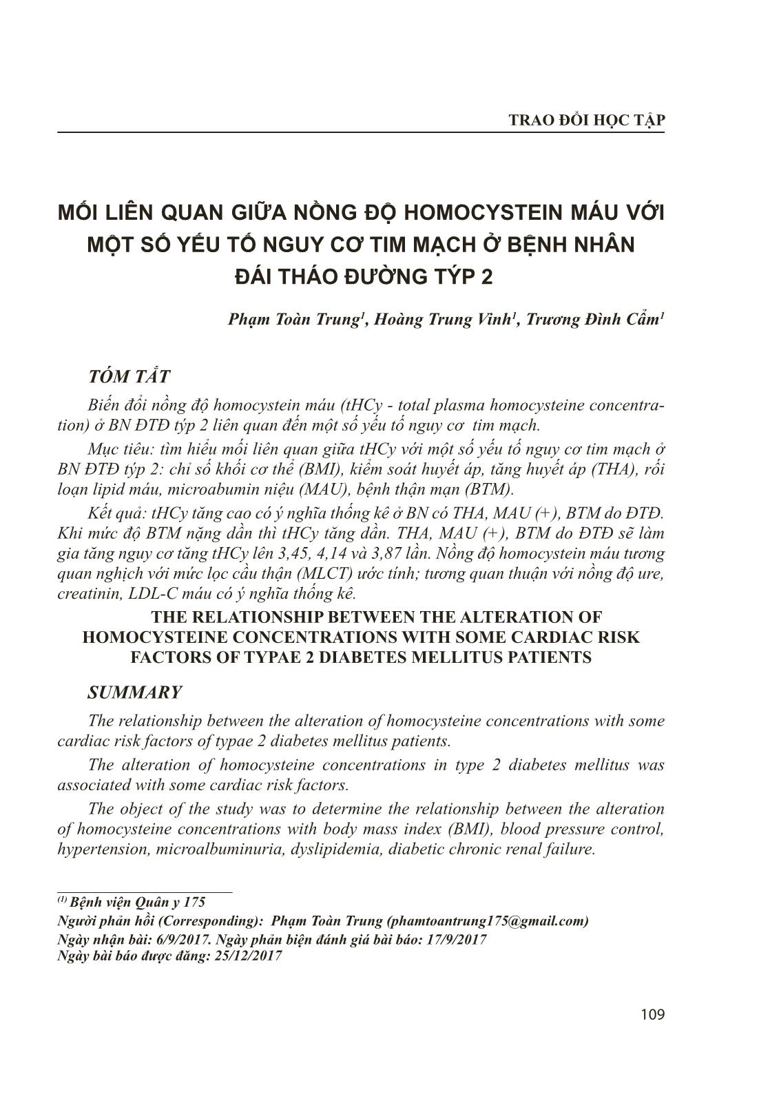 Mối liên quan giữa nồng độ Homocystein máu với một số yếu tố nguy cơ tim mạch ở bệnh nhân đái tháo đường týp 2 trang 1