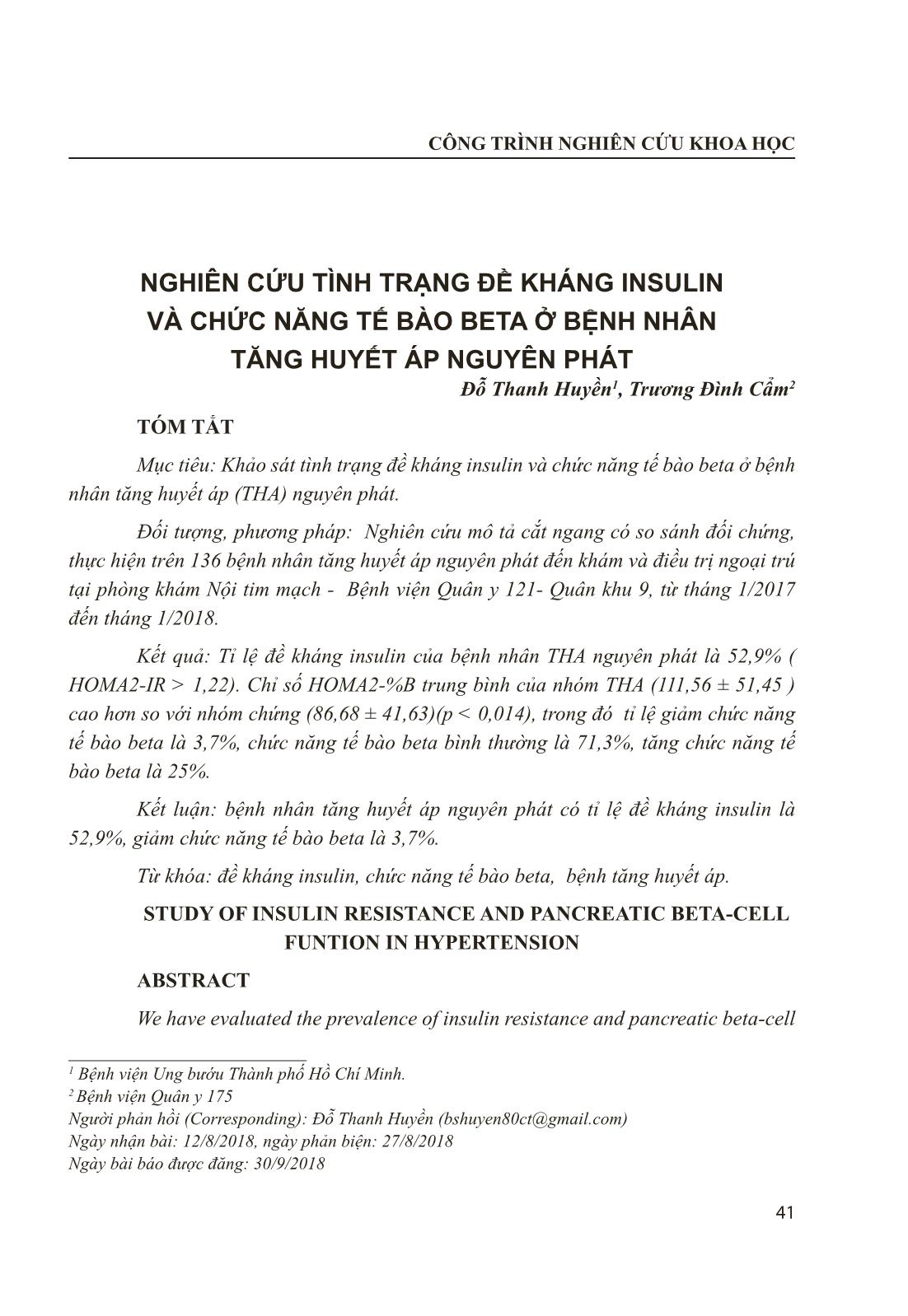 Nghiên cứu tình trạng đề kháng insulin và chức năng tế bào beta ở bệnh nhân tăng huyết áp nguyên phát trang 1