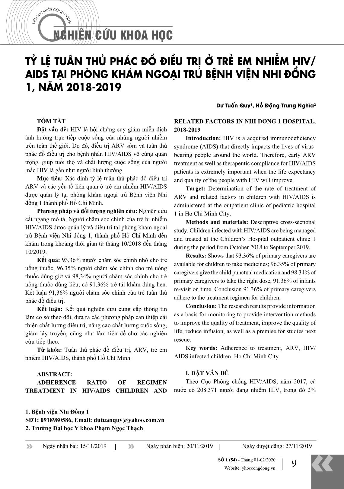 Tỷ lệ tuân thủ phác đồ điều trị ở trẻ em nhiễm HIV/ AIDS tại phòng khám ngoại trú Bệnh viện Nhi đồng 1, năm 2018-2019 trang 1