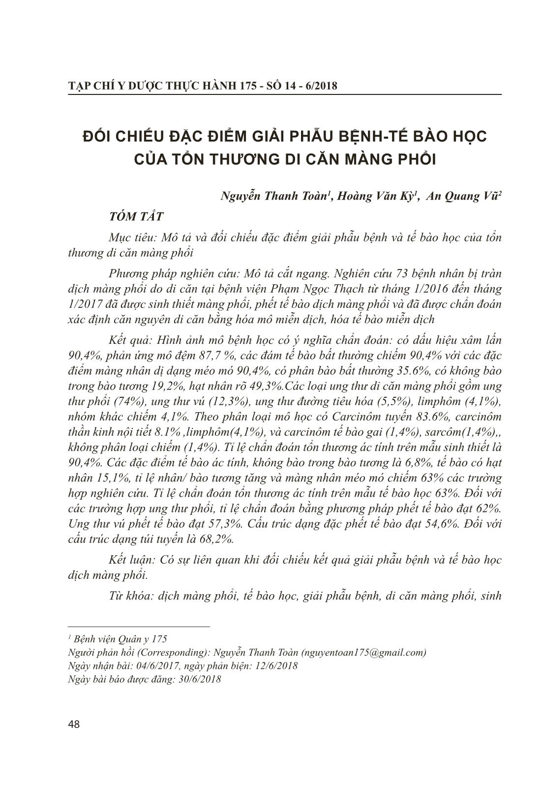 Đối chiếu đặc điểm giải phẫu bệnh - tế bào học của tổn thương di căn màng phổi trang 1