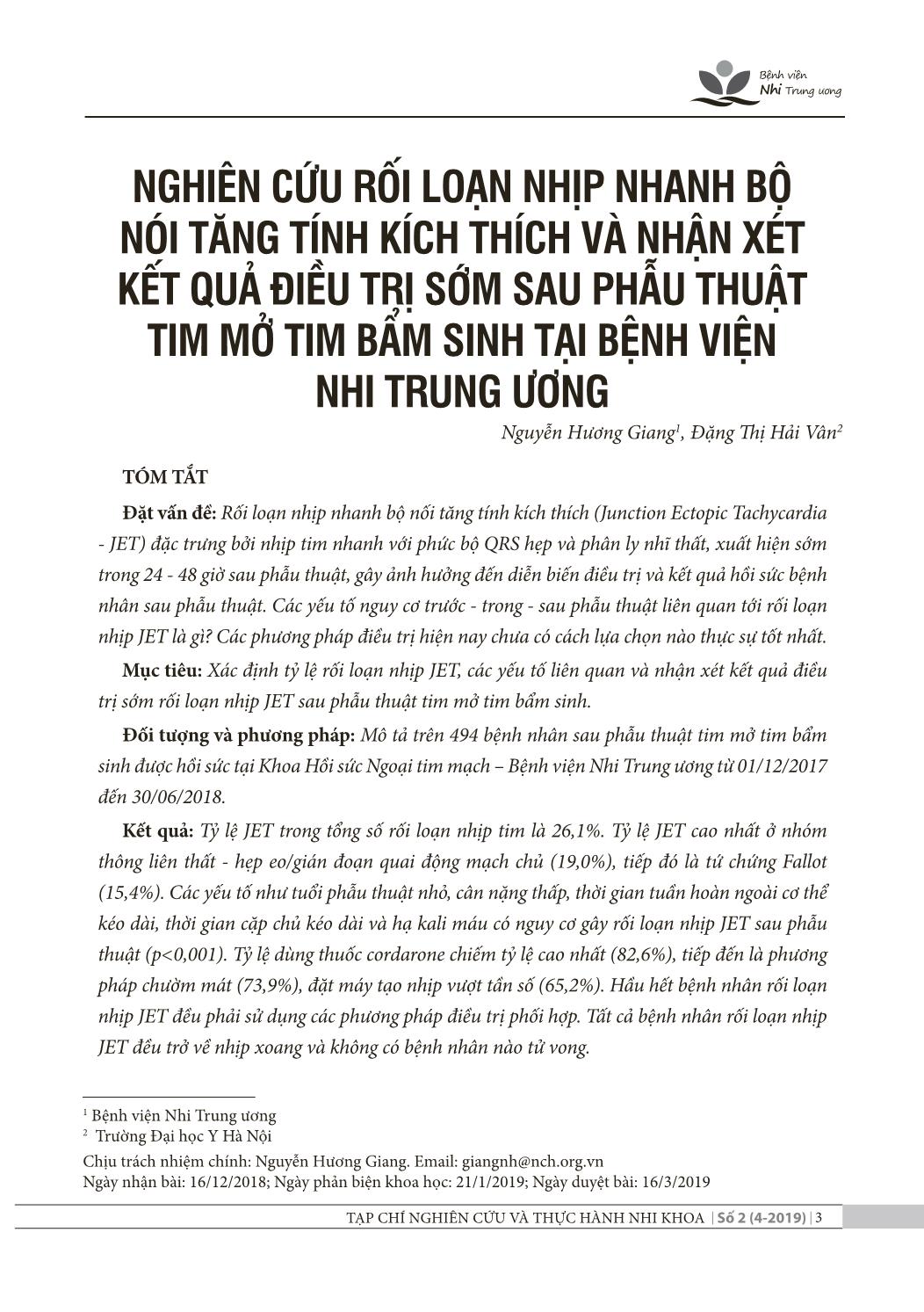 Nghiên cứu rối loạn nhịp nhanh bộ nói tăng tính kích thích và nhận xét kết quả điều trị sớm sau phẫu thuật tim mở tim bẩm sinh tại Bệnh viện Nhi trung ương trang 1