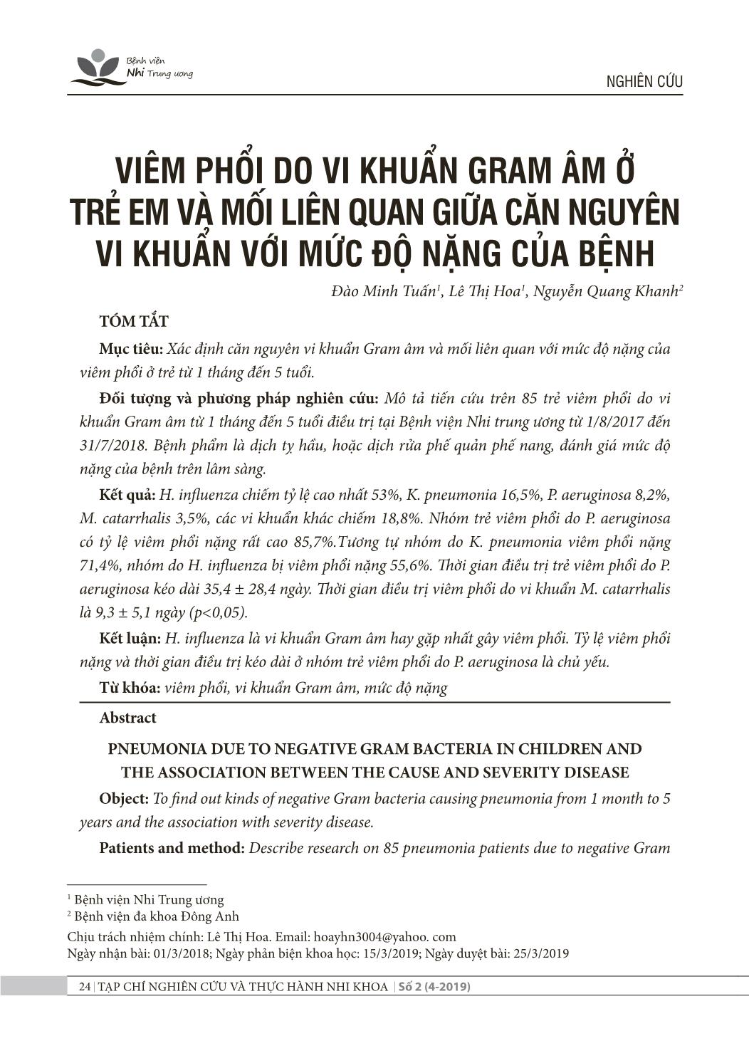 Viêm phổi do vi khuẩn gram âm ở trẻ em và mối liên quan giữa căn nguyên vi khuẩn với mức độ nặng của bệnh trang 1