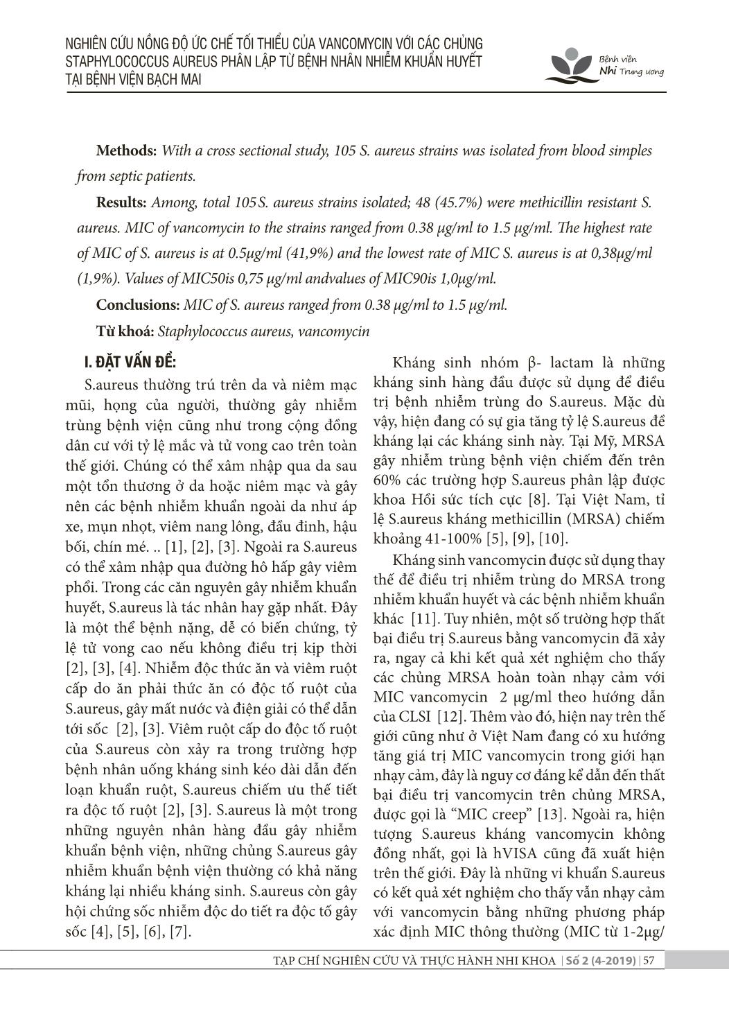 Nghiên cứu nồng độ ức chế tối thiểu của Vancomycin với các chủng Staphylococcus Aureus phân lập từ bệnh nhân nhiễm khuẩn huyết tại Bệnh viện Bạch Mai trang 2