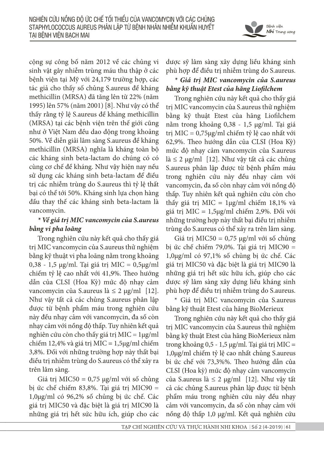 Nghiên cứu nồng độ ức chế tối thiểu của Vancomycin với các chủng Staphylococcus Aureus phân lập từ bệnh nhân nhiễm khuẩn huyết tại Bệnh viện Bạch Mai trang 6