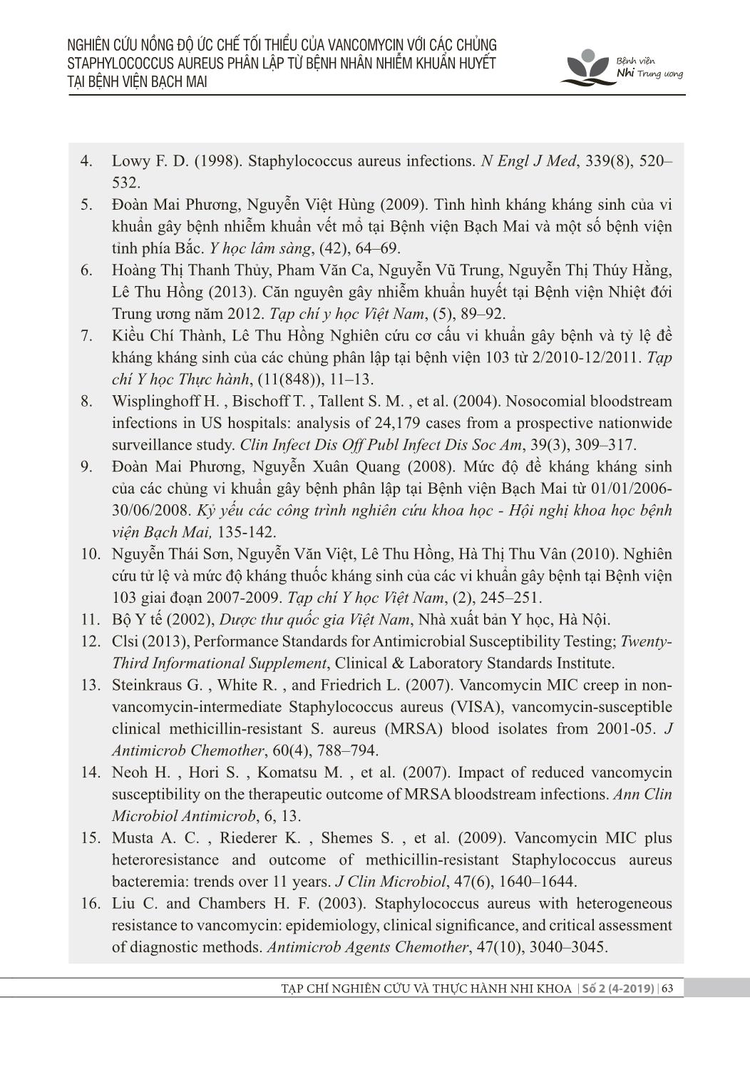 Nghiên cứu nồng độ ức chế tối thiểu của Vancomycin với các chủng Staphylococcus Aureus phân lập từ bệnh nhân nhiễm khuẩn huyết tại Bệnh viện Bạch Mai trang 8