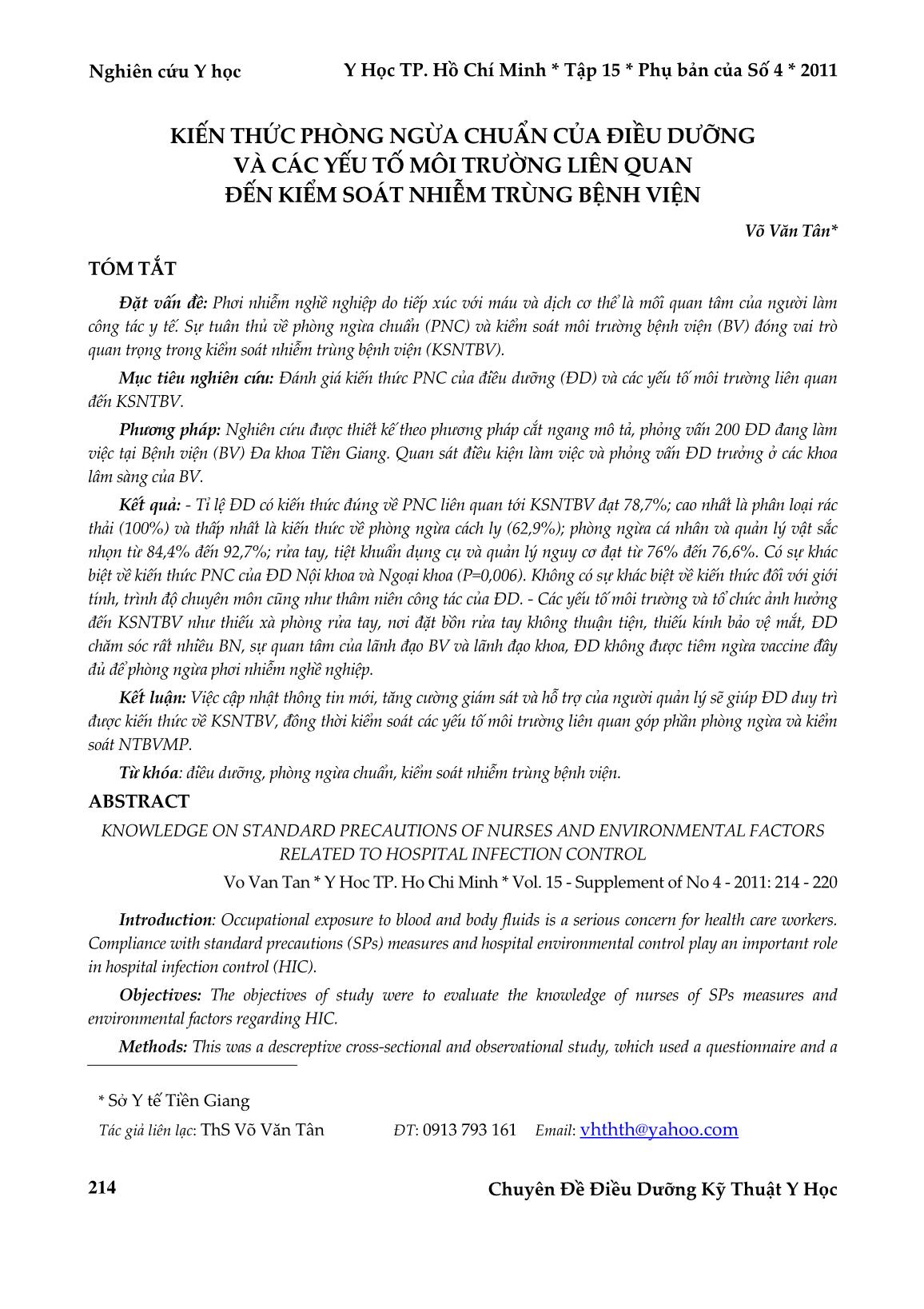 Kiến thức phòng ngừa chuẩn của điều dưỡng và các yếu tố môi trường liên quan đến kiểm soát nhiễm trùng bệnh viện trang 1