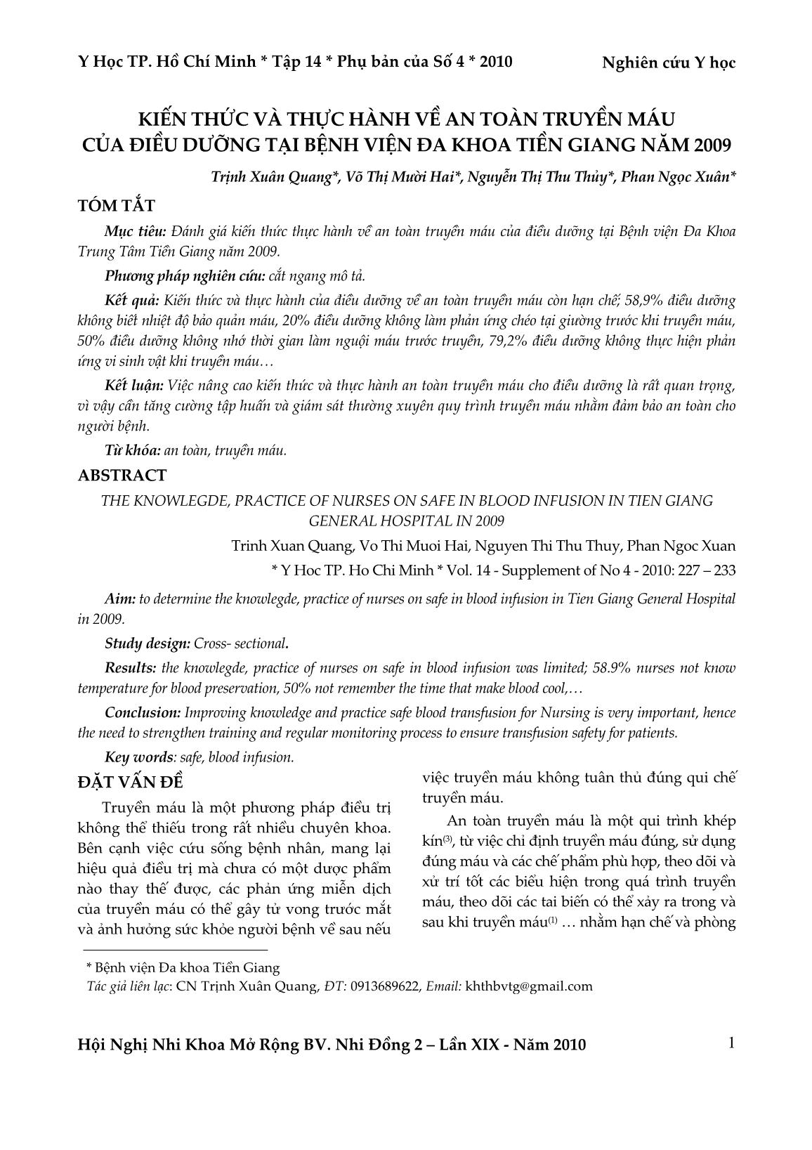 Kiến thức và thực hành về an toàn truyền máu của điều dưỡng tại Bệnh viện Đa khoa Tiền Giang năm 2009 trang 1
