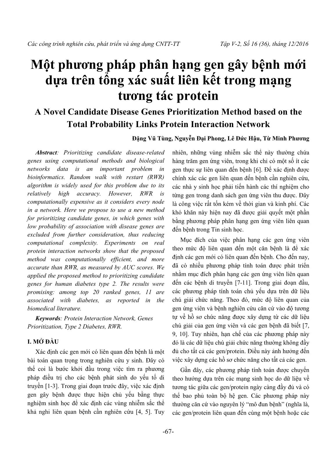 Một phương pháp phân hạng gen gây bệnh mới dựa trên tổng xác suất liên kết trong mạng tương tác protein trang 1