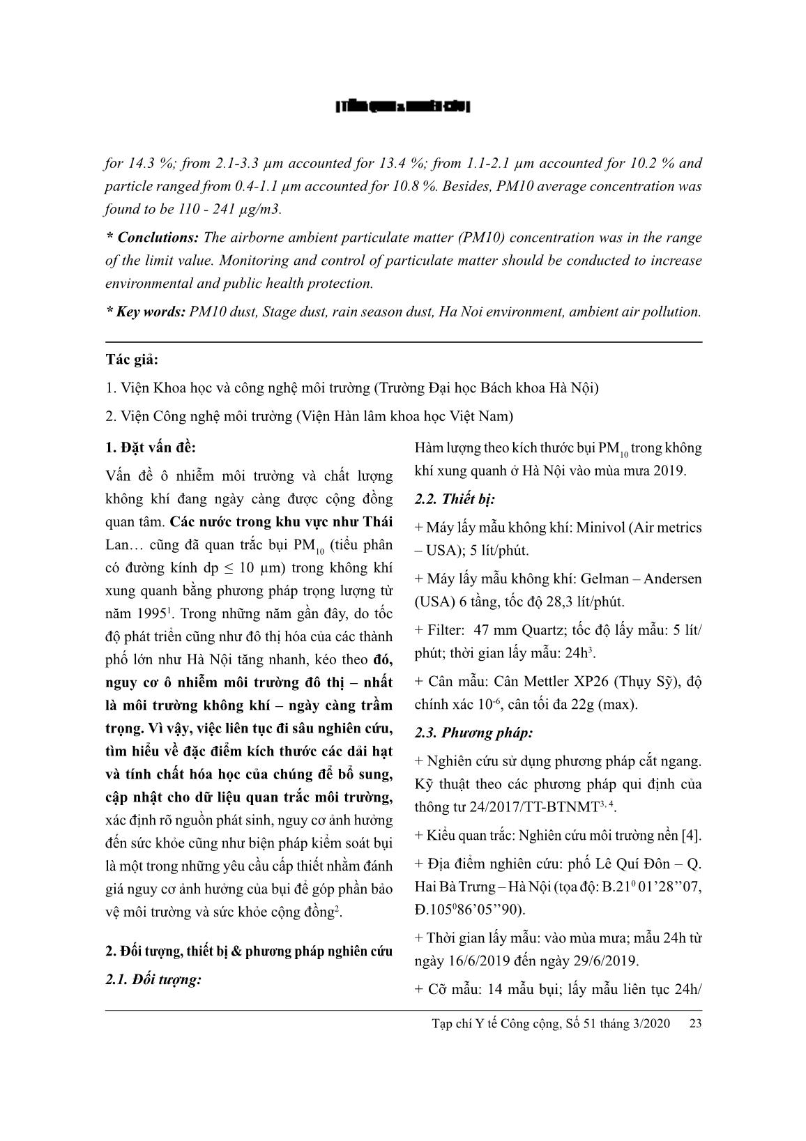 Nghiên cứu kích thước và hàm lượng bụi dải hạt PM10 trong không khí xung quanh ở Hà Nội vào mùa mưa 2019 trang 2