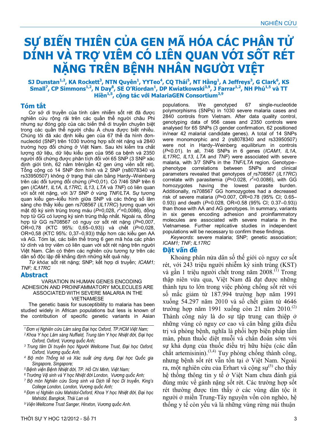 Sự biến thiên của gen mã hóa các phân tử dính và trợ viêm có liên quan với sốt rét nặng trên bệnh nhân người việt trang 1