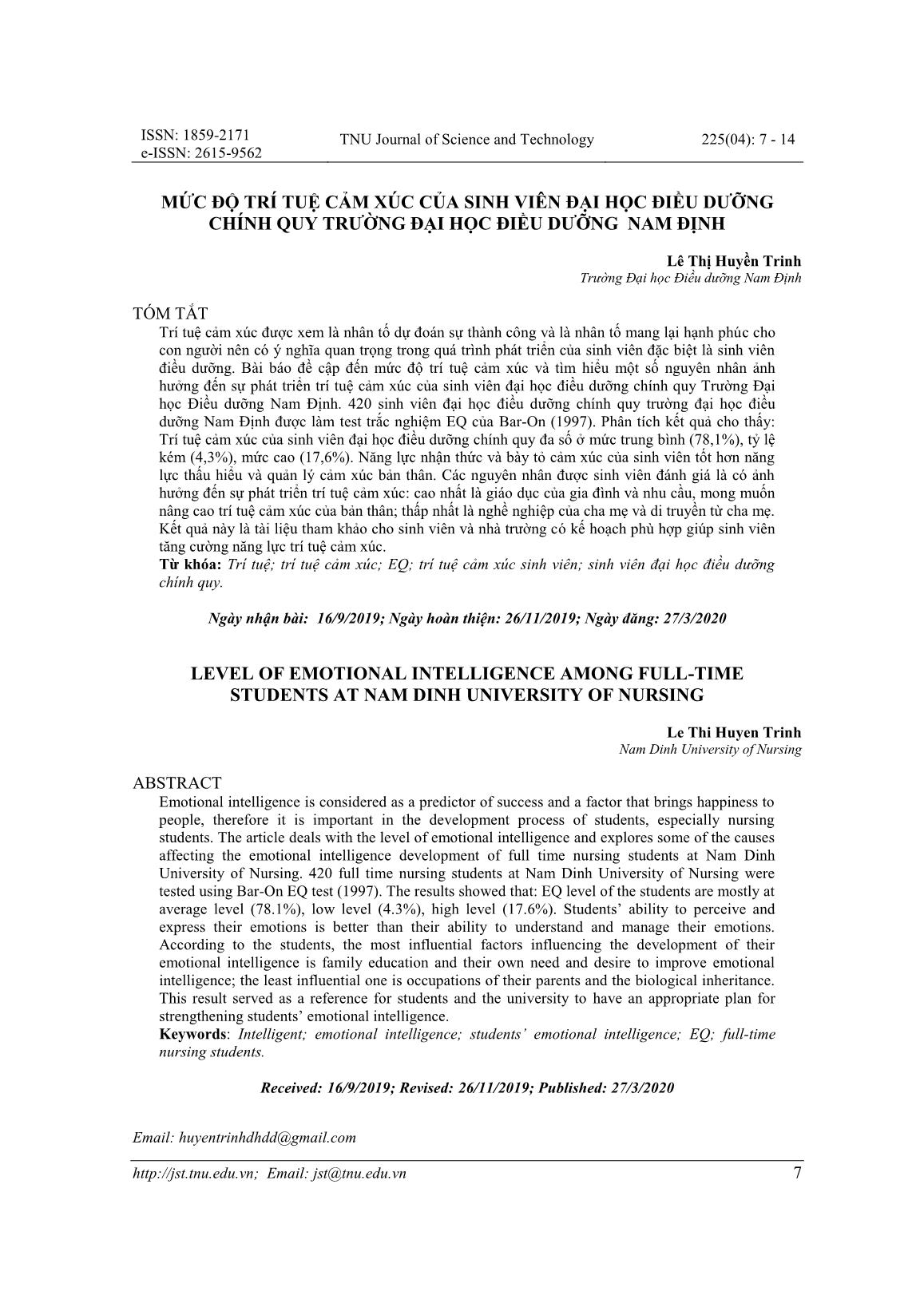 Mức độ trí tuệ cảm xúc của sinh viên đại học điều dưỡng chính quy Trường Đại học Điều dưỡng Nam Định trang 1