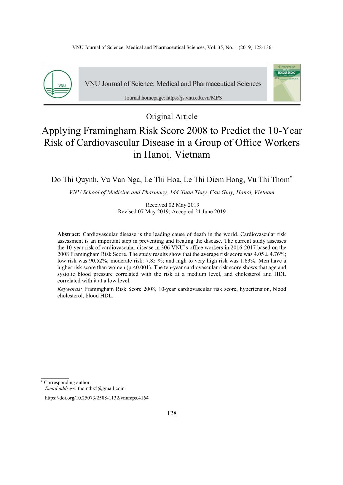 Nghiên cứu ứng dụng mô hình theo thang điểm Framingham dự đoán nguy cơ mắc bệnh tim mạch 10 năm trên nhóm nhân viên văn phòng tại Hà Nội trang 1