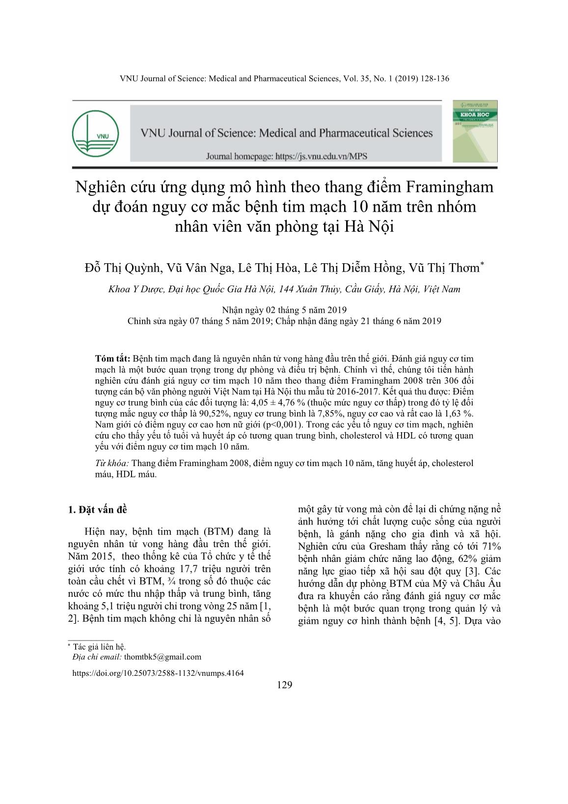 Nghiên cứu ứng dụng mô hình theo thang điểm Framingham dự đoán nguy cơ mắc bệnh tim mạch 10 năm trên nhóm nhân viên văn phòng tại Hà Nội trang 2