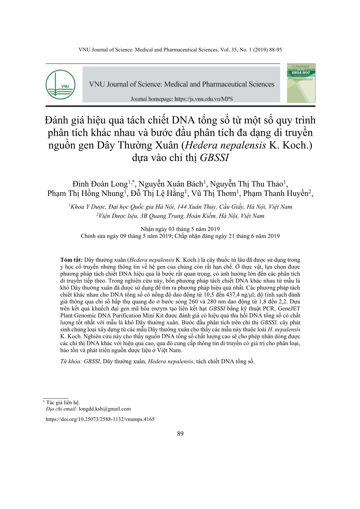 Đánh giá hiệu quả tách chiết DNA tổng số từ một số quy trình phân tích khác nhau và bước đầu phân tích đa dạng di truyền nguồn gen Dây Thường Xuân (Hedera nepalensis K. Koch.) dựa vào chỉ thị GBSSI trang 2