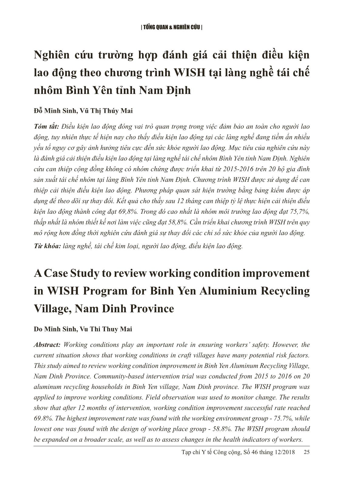 Nghiên cứu trường hợp đánh giá cải thiện điều kiện lao động theo chương trình WISH tại làng nghề tái chế nhôm Bình Yên tỉnh Nam Định trang 1