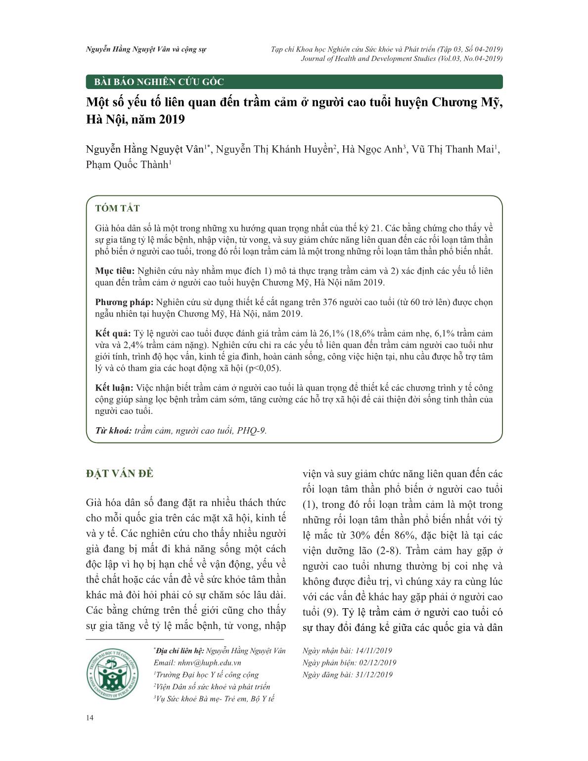 Một số yếu tố liên quan đến trầm cảm ở người cao tuổi huyện Chương Mỹ, Hà Nội, năm 2019 trang 1