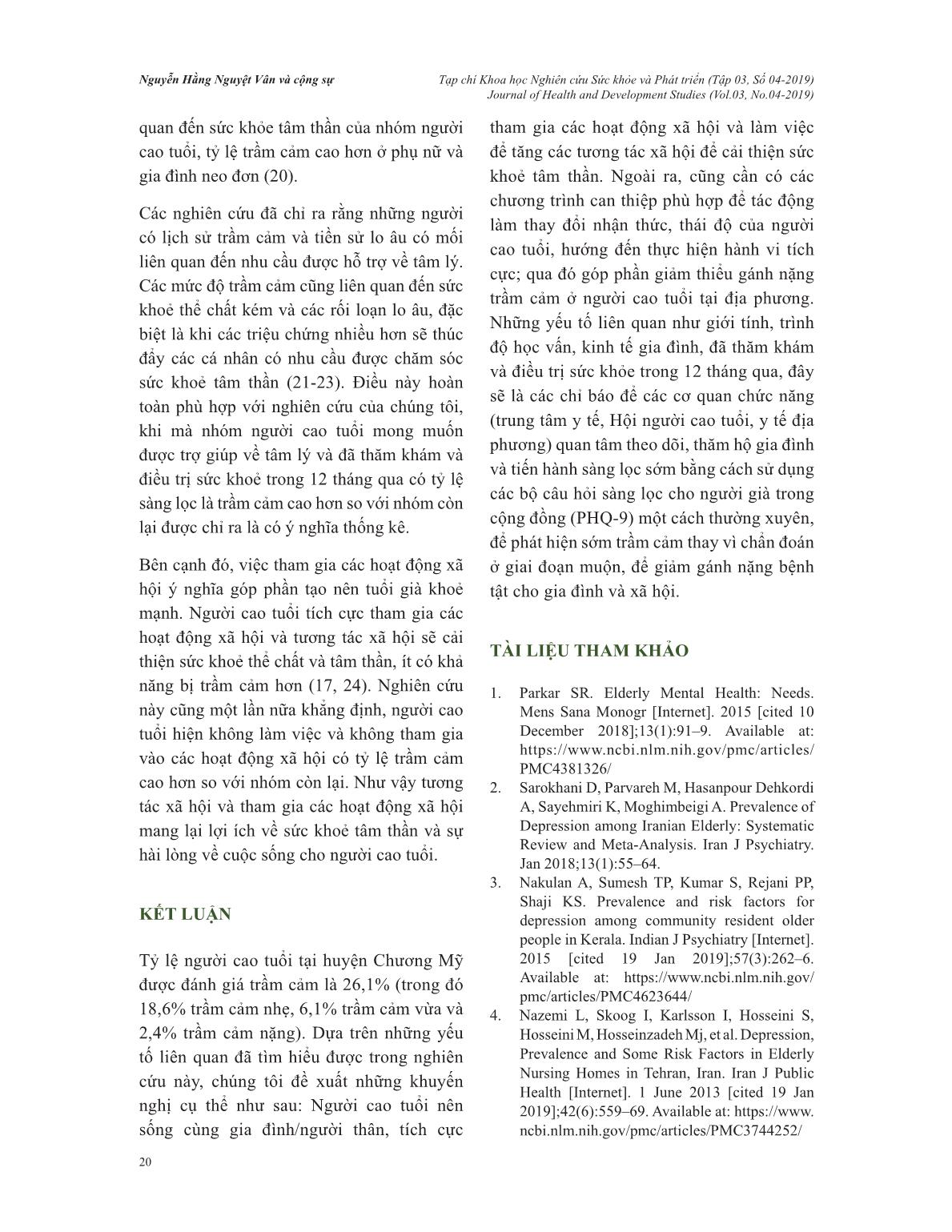Một số yếu tố liên quan đến trầm cảm ở người cao tuổi huyện Chương Mỹ, Hà Nội, năm 2019 trang 7