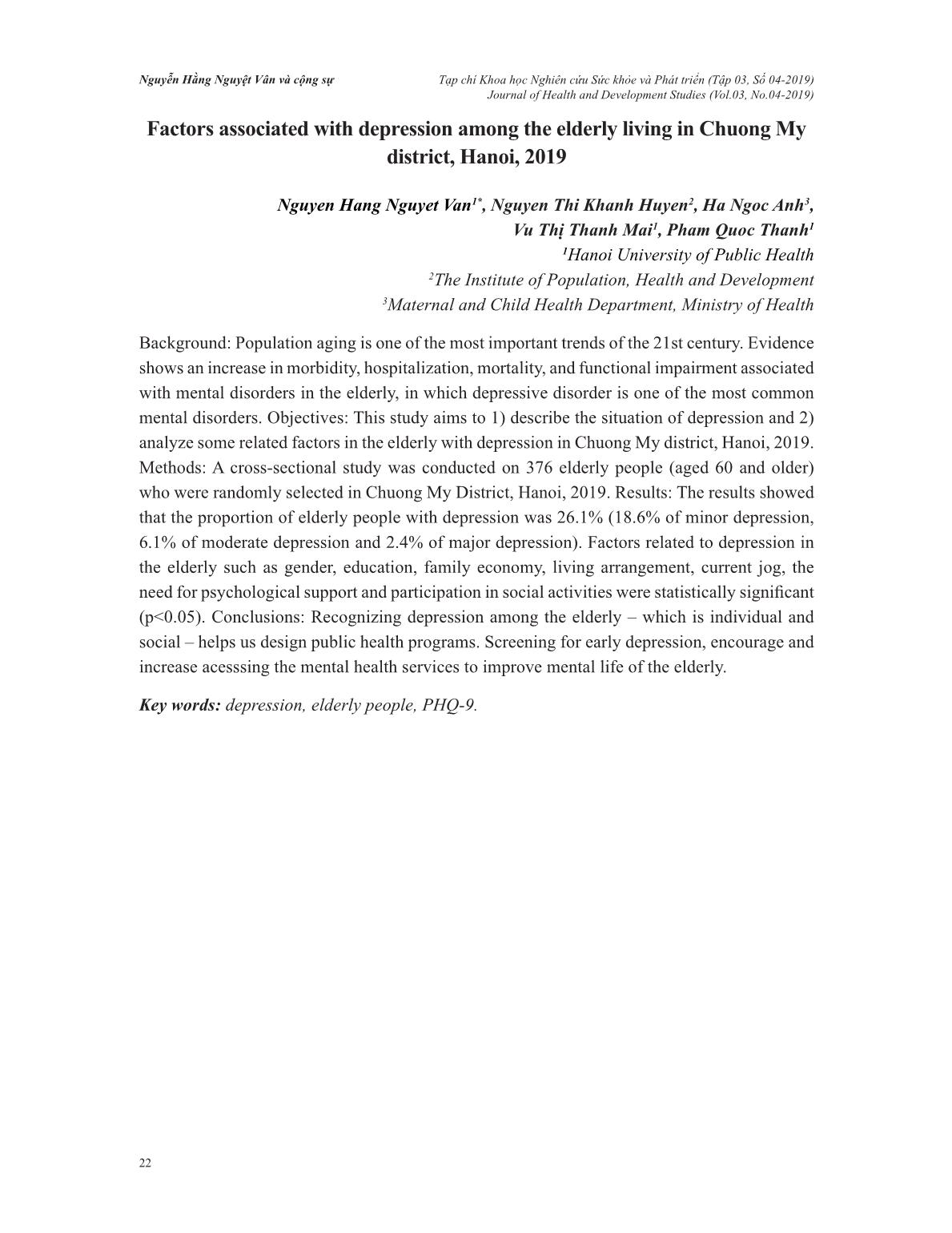 Một số yếu tố liên quan đến trầm cảm ở người cao tuổi huyện Chương Mỹ, Hà Nội, năm 2019 trang 9