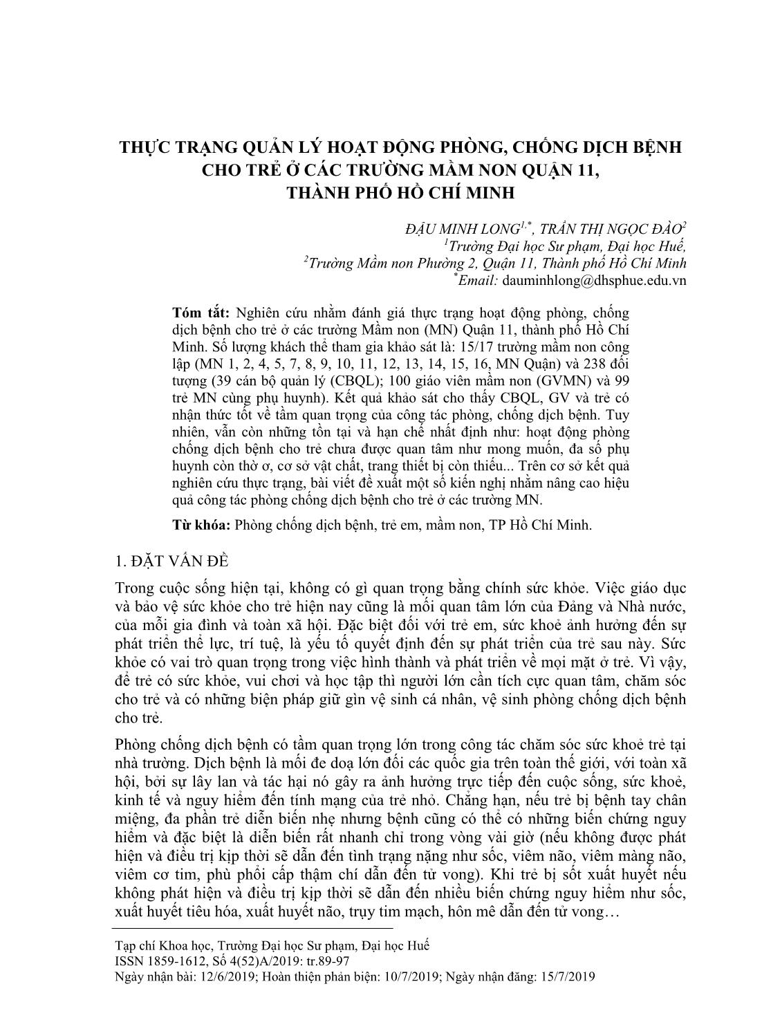 Thực trạng quản lý hoạt động phòng, chống dịch bệnh cho trẻ ở các trường mầm non Quận 11, Thành phố Hồ Chí Minh trang 1