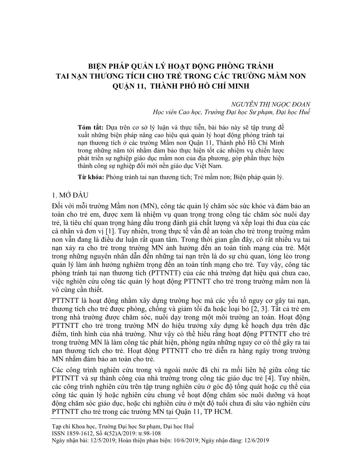 Biện pháp quản lý hoạt động phòng tránh tai nạn thương tích cho trẻ trong các trường mầm non Quận 11, Thành phố Hồ Chí Minh trang 1