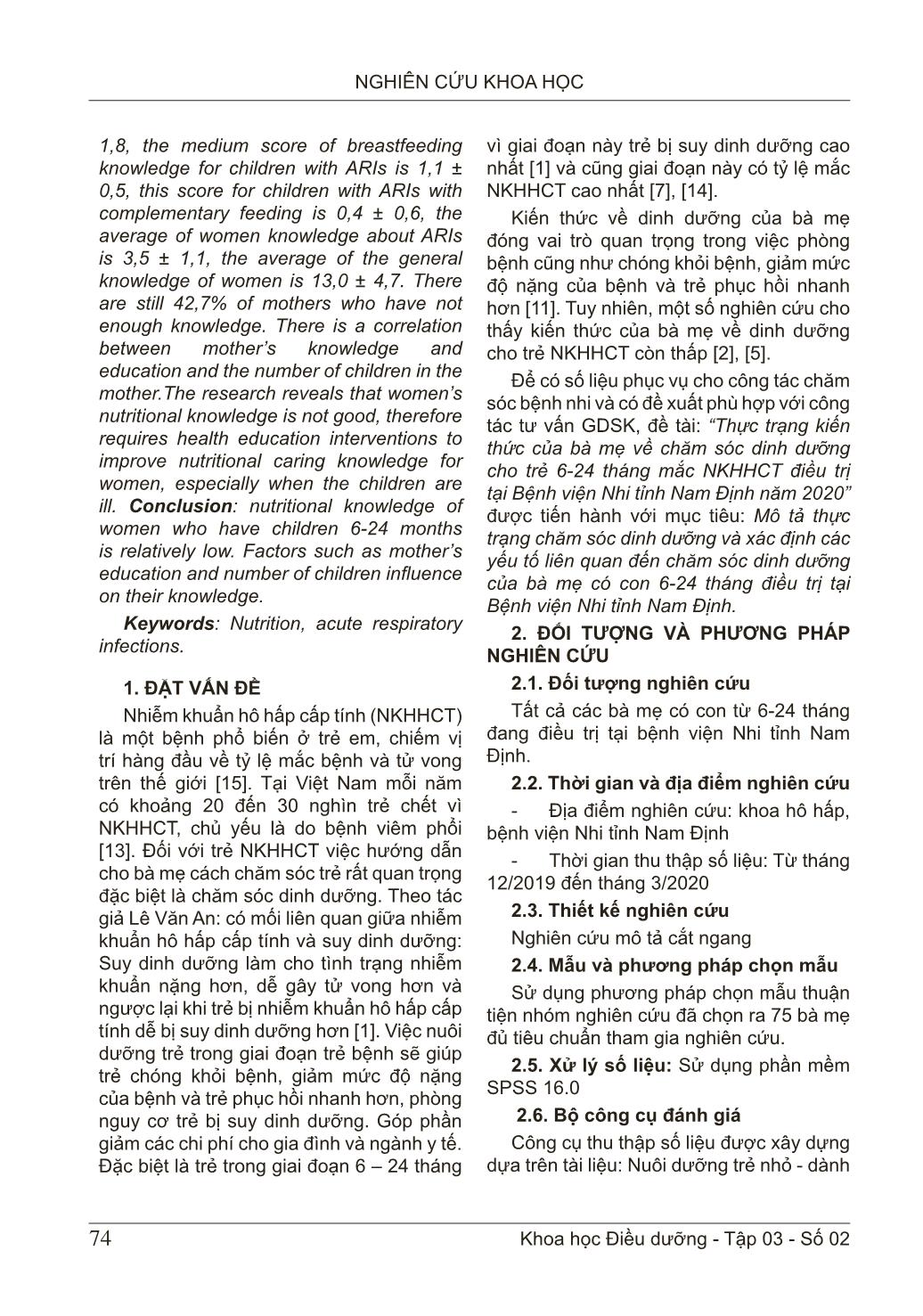 Thực trạng kiến thức và một số yếu tố liên quan đến chăm sóc dinh dưỡng của bà mẹ có con 6-24 tháng điều trị nhiễm khuẩn hô hấp cấp tính tại Bệnh viện Nhi tỉnh Nam Định năm 2020 trang 2