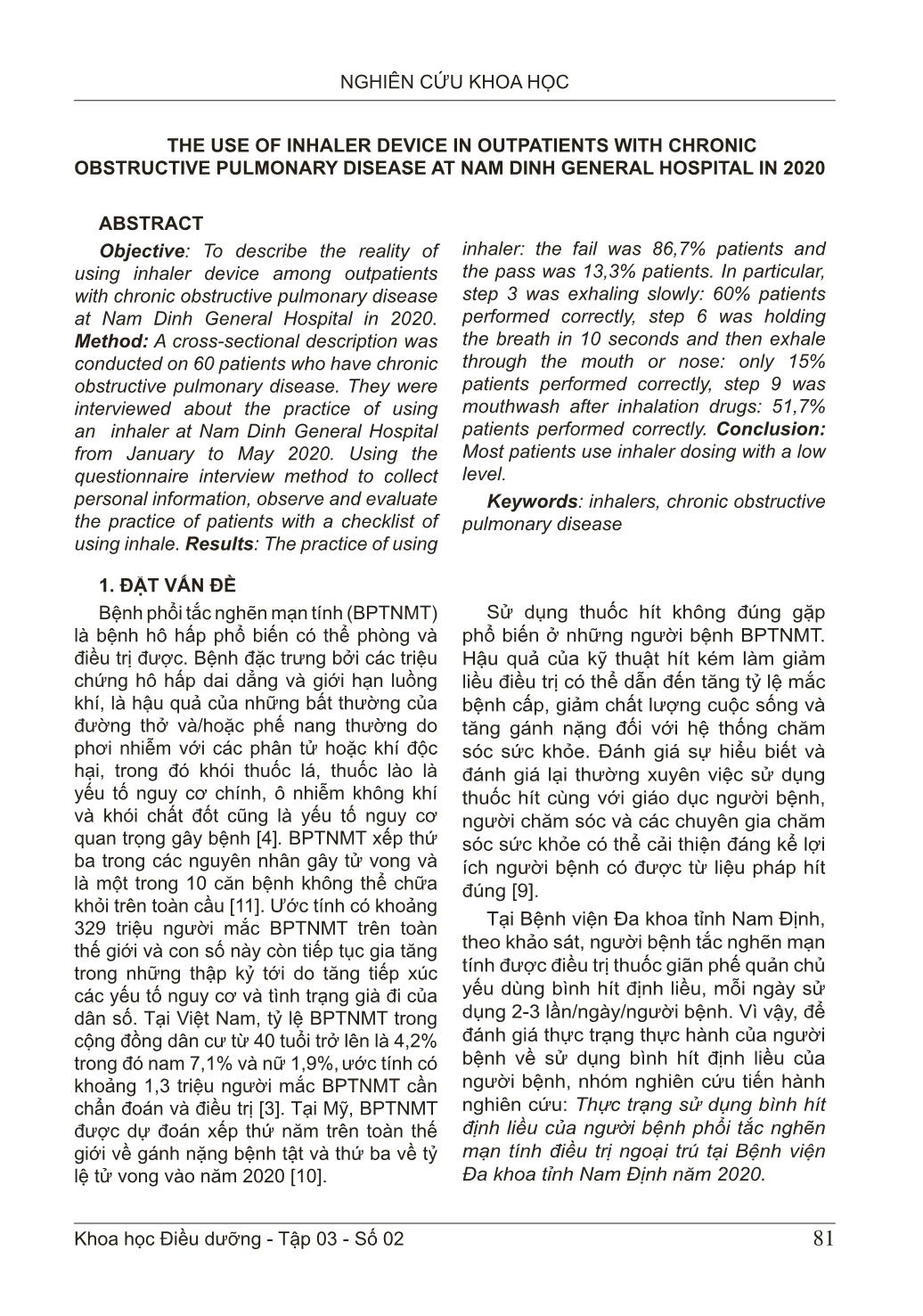 Thực trạng sử dụng bình hít định liều của người bệnh phổi tắc nghẽn mạn tính điều trị ngoại trú tại Bệnh viện Đa khoa tỉnh Nam Định năm 2020 trang 2