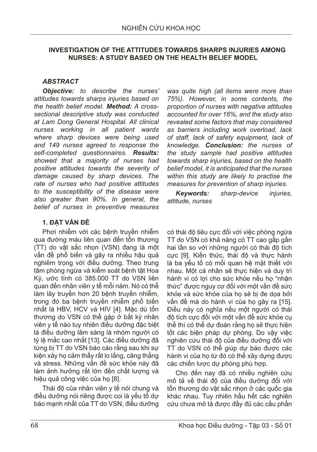 Thái độ đối với tổn thương do vật sắc nhọn của điều dưỡng: Một nghiên cứu dựa trên mô hình niềm tin sức khỏe trang 2