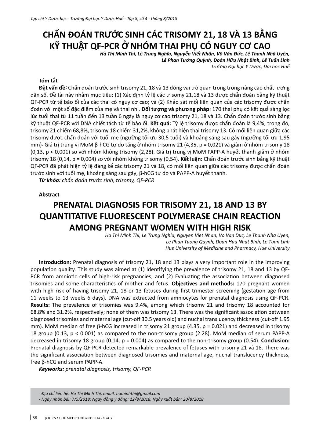 Chẩn đoán trước sinh các Trisomy 21, 18 và 13 bằng kỹ thuật QF-PCR ở nhóm thai phụ có nguy cơ cao trang 1