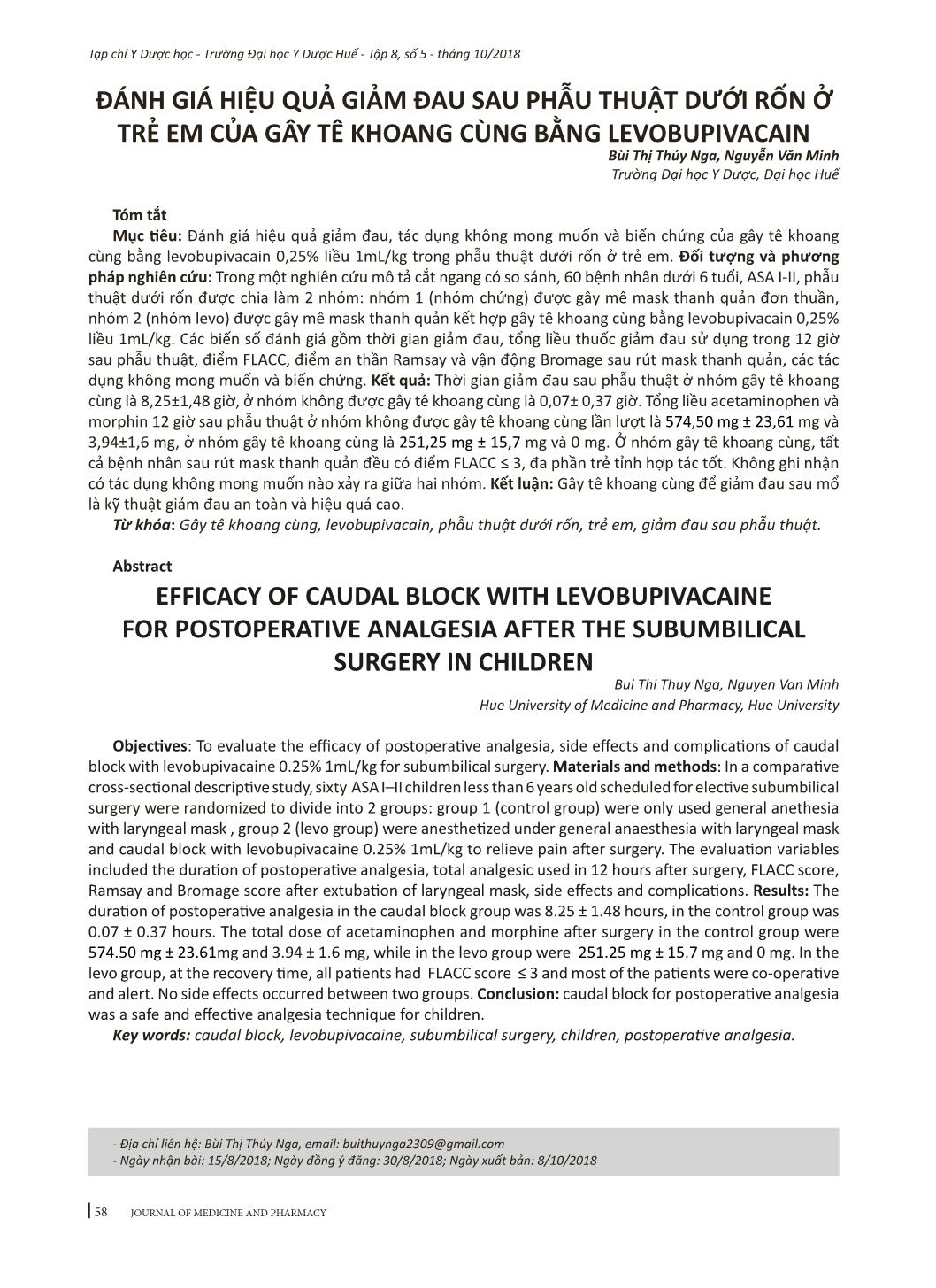 Đánh giá hiệu quả giảm đau sau phẫu thuật dưới rốn ở trẻ em của gây tê khoang cùng bằng Levobupivacain trang 1
