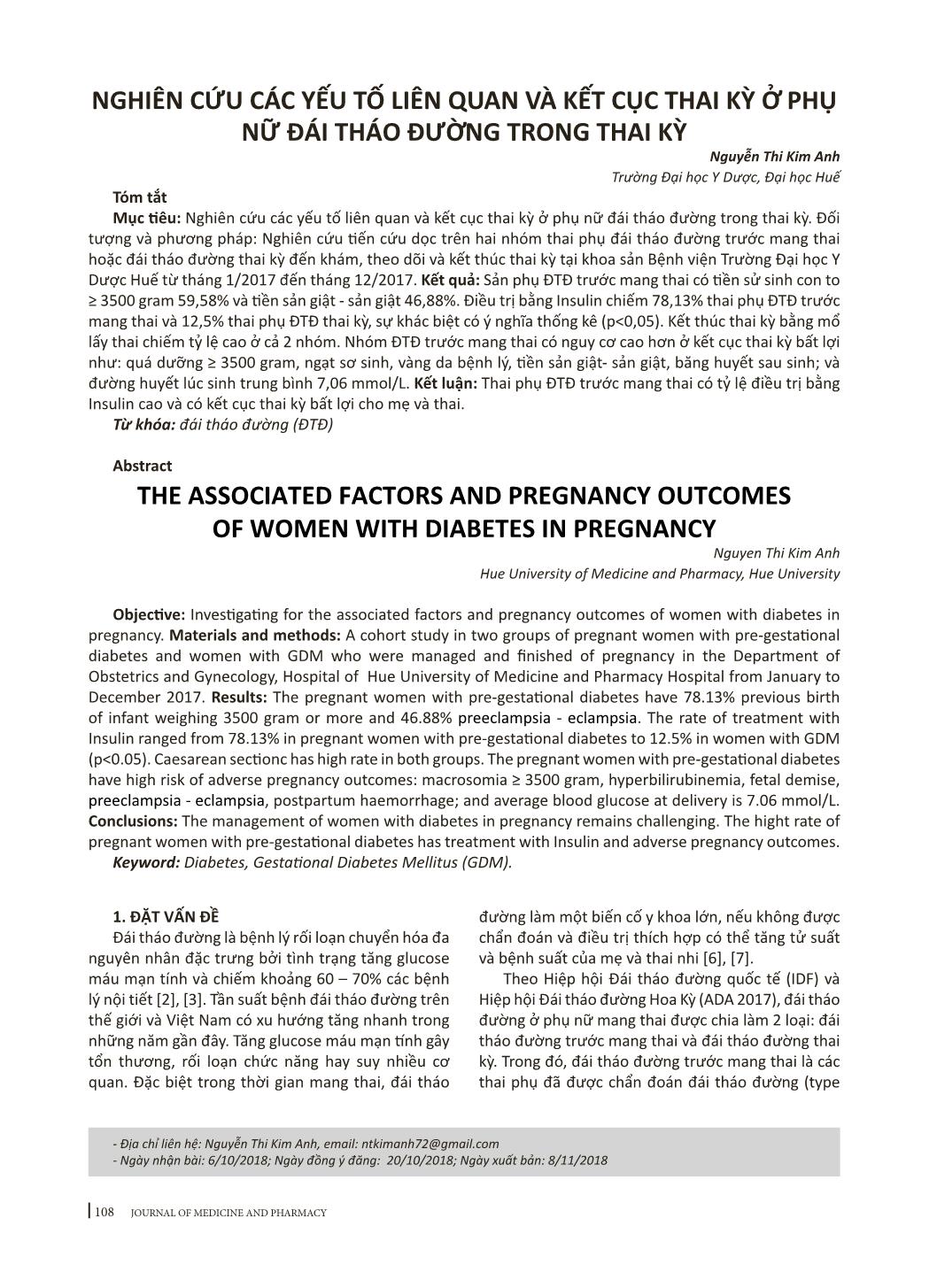 Nghiên cứu các yếu tố liên quan và kết cục thai kỳ ở phụ nữ đái tháo đường trong thai kỳ trang 1
