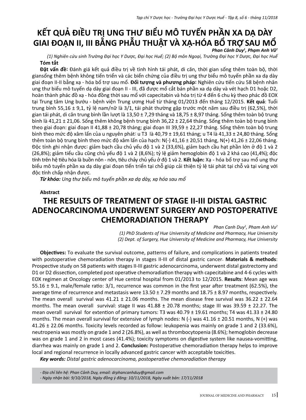 Kết quả điều trị ung thư biểu mô tuyến phần xa dạ dày giai đoạn II, III bằng phẫu thuật và xạ-hóa bổ trợ sau mổ trang 1