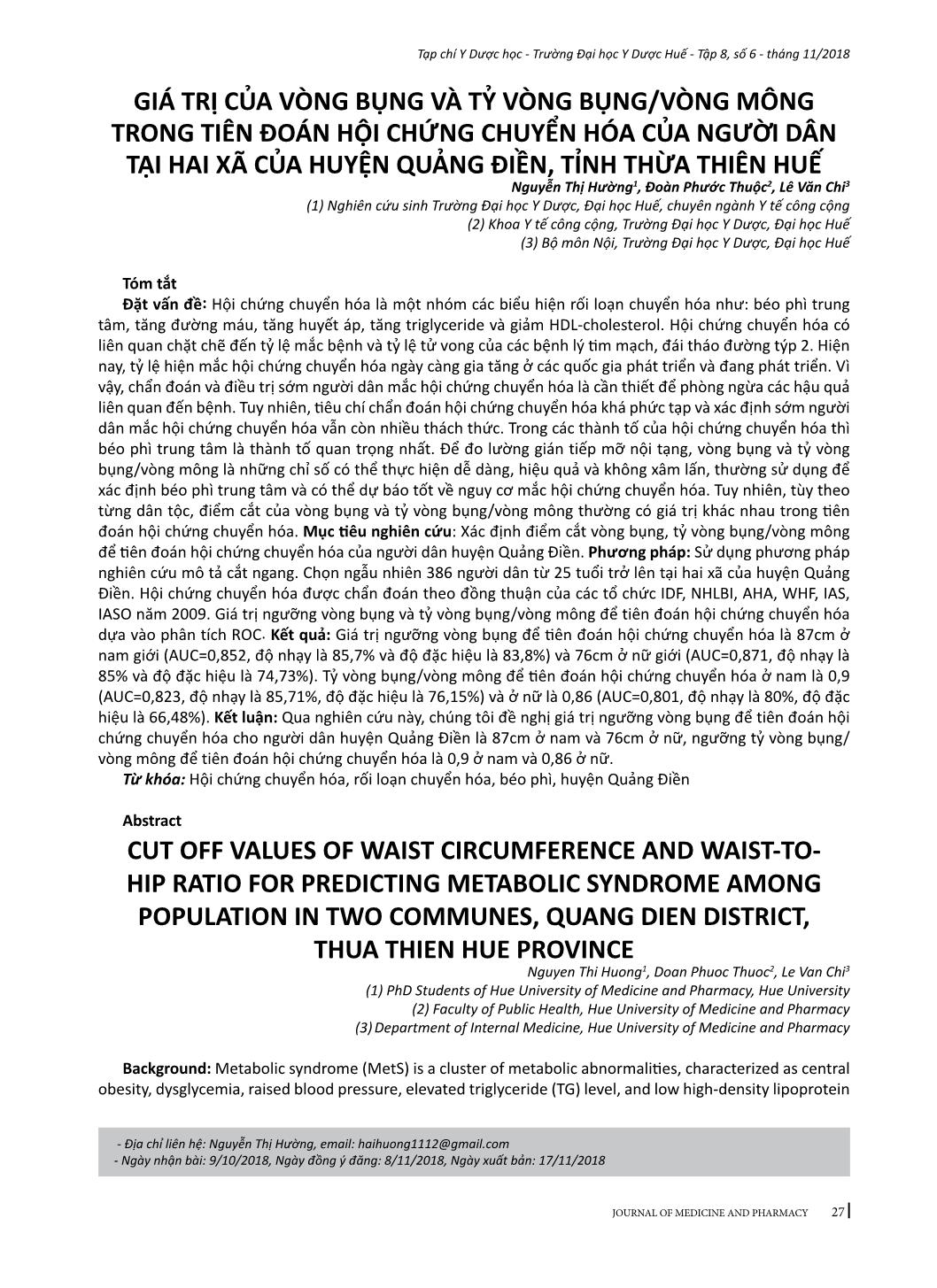 Giá trị của vòng bụng và tỷ vòng bụng/vòng mông trong tiên đoán hội chứng chuyển hóa của người dân tại hai xã của huyện Quảng Điền, tỉnh Thừa Thiên Huế trang 1