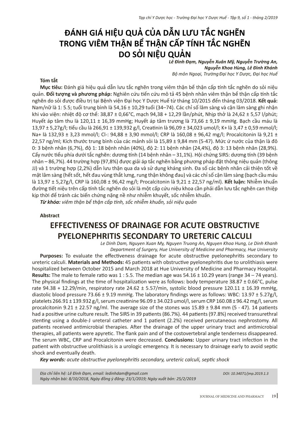 Đánh giá hiệu quả của dẫn lưu tắc nghẽn trong viêm thận bể thận cấp tính tắc nghẽn do sỏi niệu quản trang 1