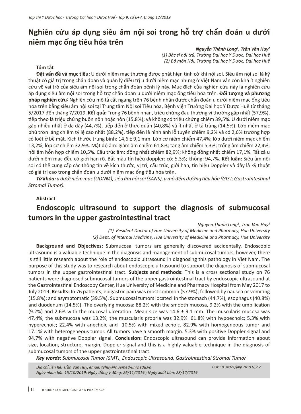 Nghiên cứu áp dụng siêu âm nội soi trong hỗ trợ chẩn đoán u dưới niêm mạc ống tiêu hóa trên trang 1