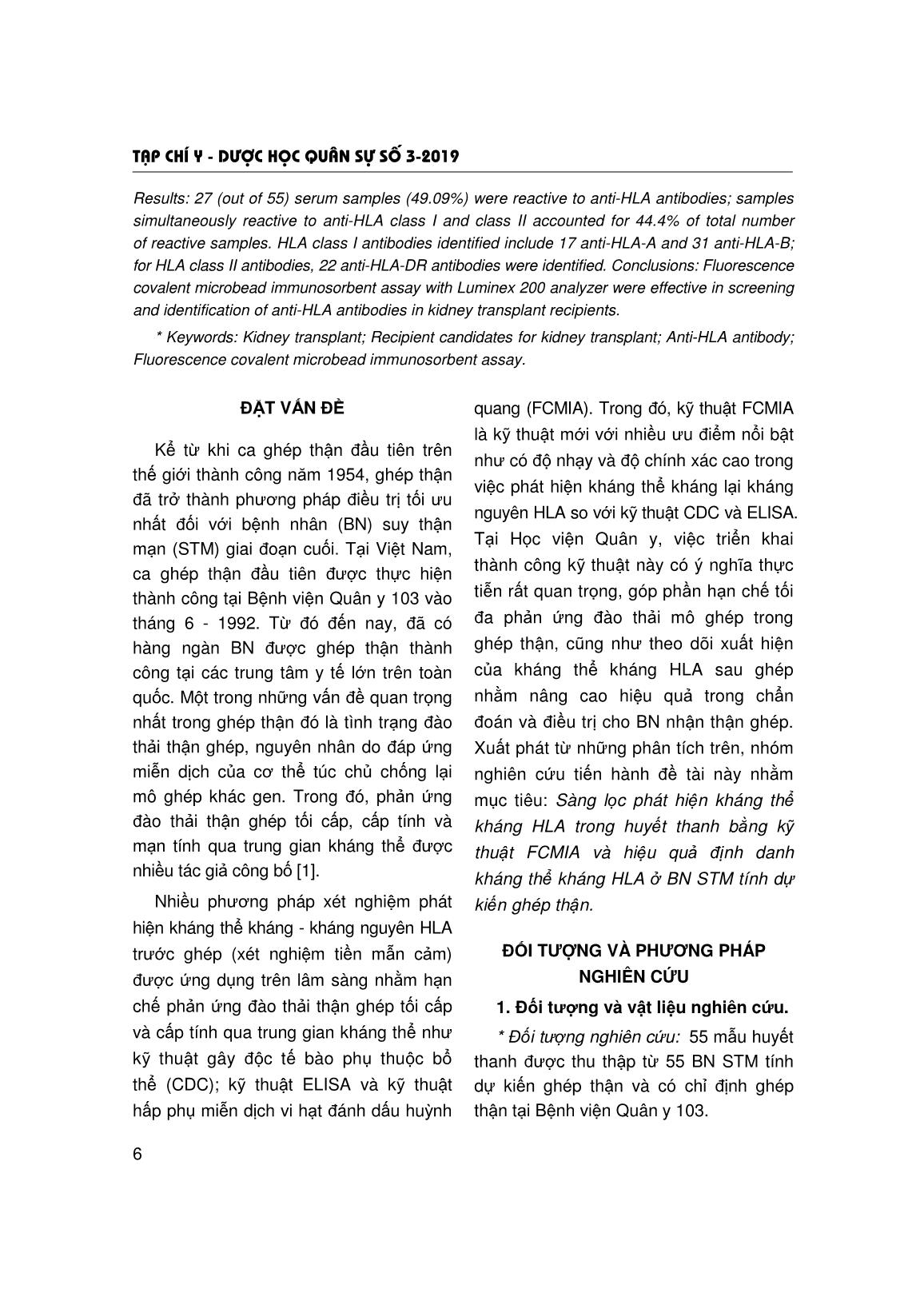 Nghiên cứu ứng dụng kỹ thuật hấp phụ miễn dịch vi hạt đánh dấu huỳnh quang phát hiện kháng thể kháng hla trong huyết thanh bệnh nhân suy thận mạn tính dự kiến ghép thận trang 2