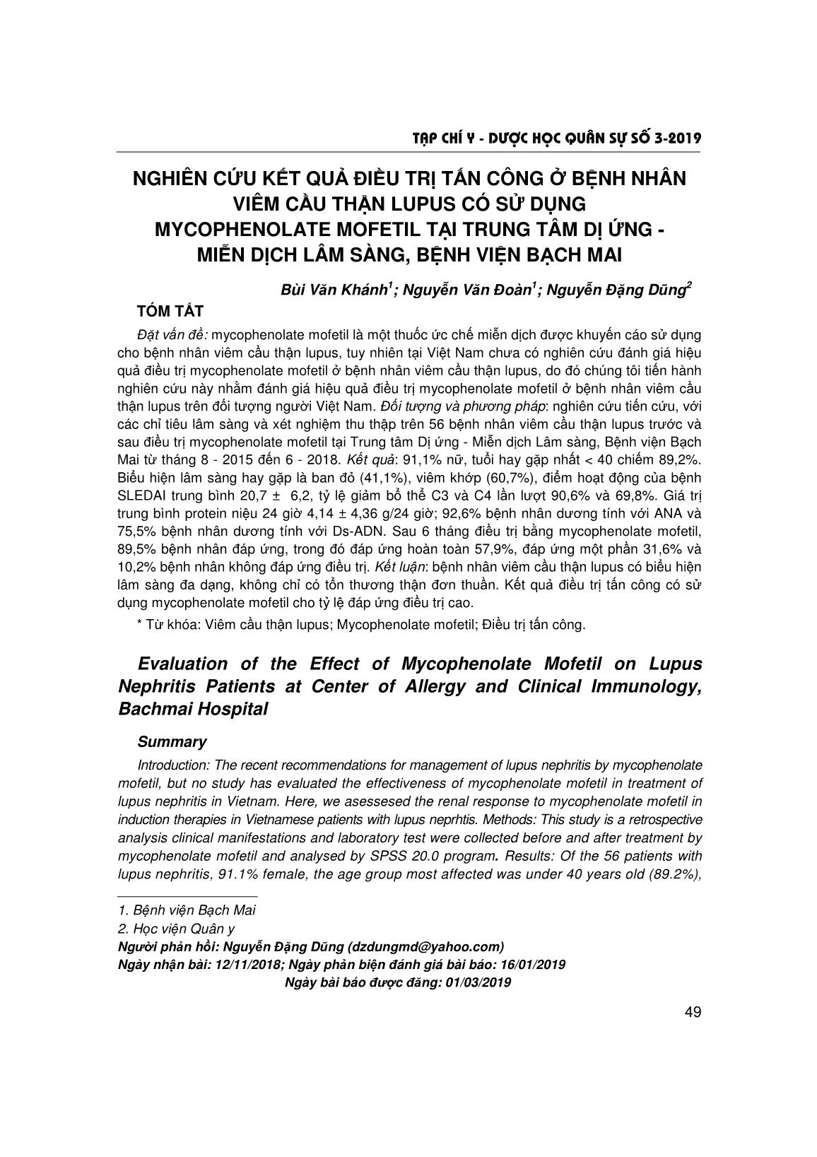 Nghiên cứu kết quả điều trị tấn công ở bệnh nhân viêm cầu thận Lupus có sử dụng Mycophenolate Mofetil tại trung tâm dị ứng - miễn dịch lâm sàng, Bệnh viện Bạch Mai trang 1