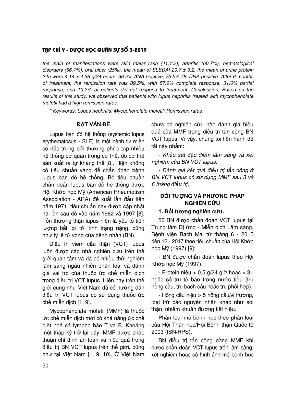 Nghiên cứu kết quả điều trị tấn công ở bệnh nhân viêm cầu thận Lupus có sử dụng Mycophenolate Mofetil tại trung tâm dị ứng - miễn dịch lâm sàng, Bệnh viện Bạch Mai trang 2