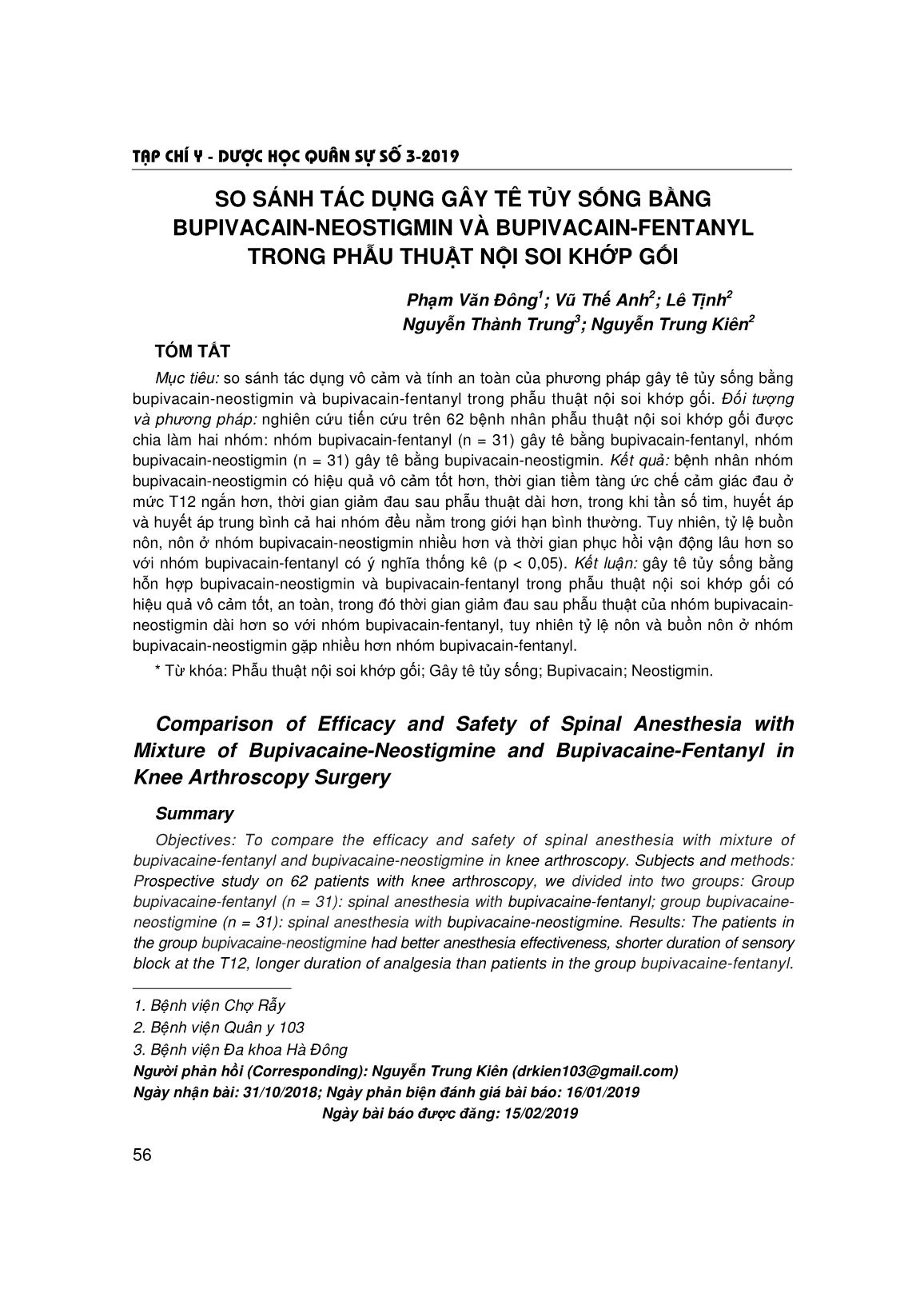 So sánh tác dụng gây tê tủy sống bằng Bupivacain-neostigmin và Bupivacain-fentanyl trong phẫu thuật nội soi khớp gối trang 1