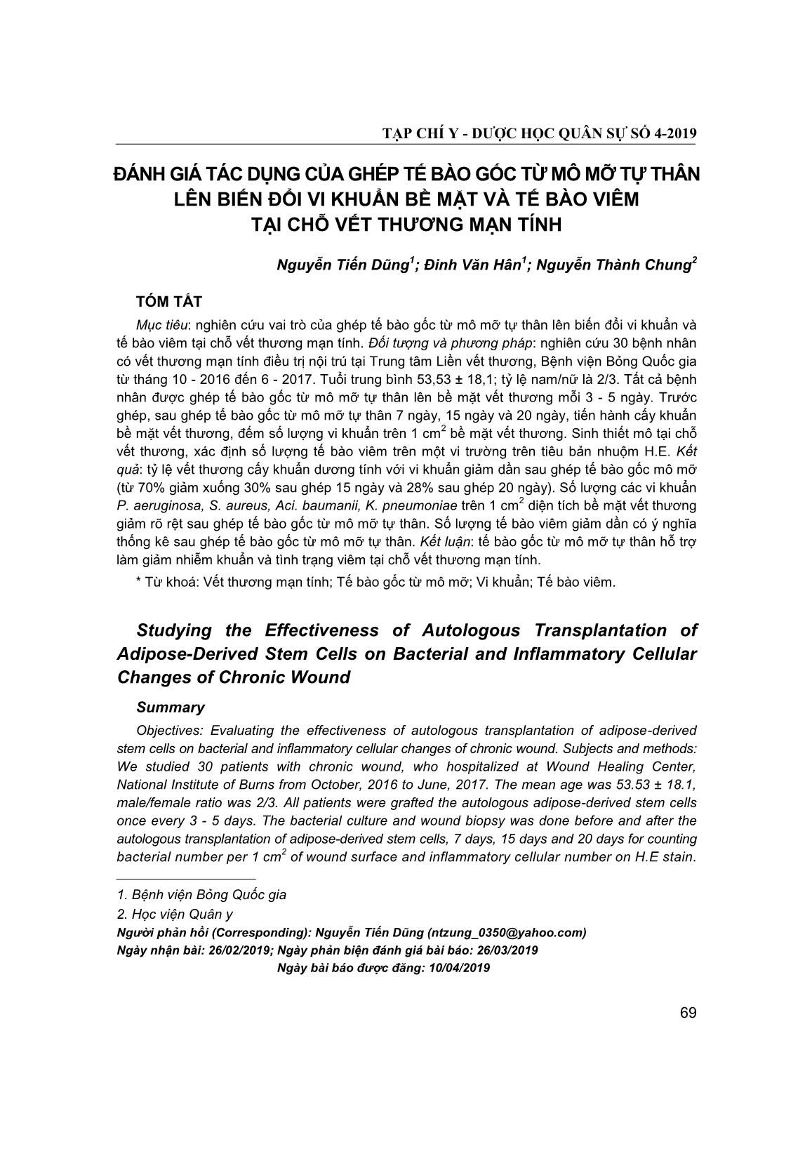 Đánh giá tác dụng của ghép tế bào gốc từ mô mỡ tự thân lên biến đổi vi khuẩn bề mặt và tế bào viêm tại chỗ vết thương mạn tính trang 1