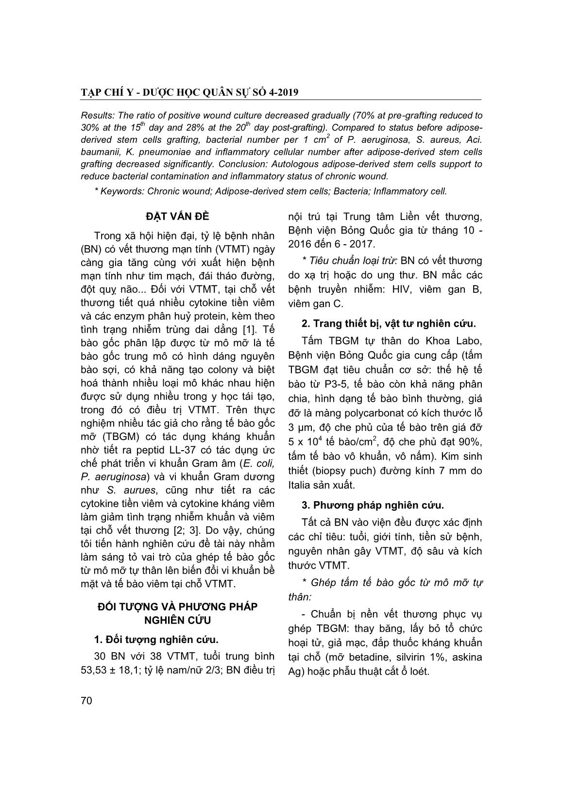Đánh giá tác dụng của ghép tế bào gốc từ mô mỡ tự thân lên biến đổi vi khuẩn bề mặt và tế bào viêm tại chỗ vết thương mạn tính trang 2