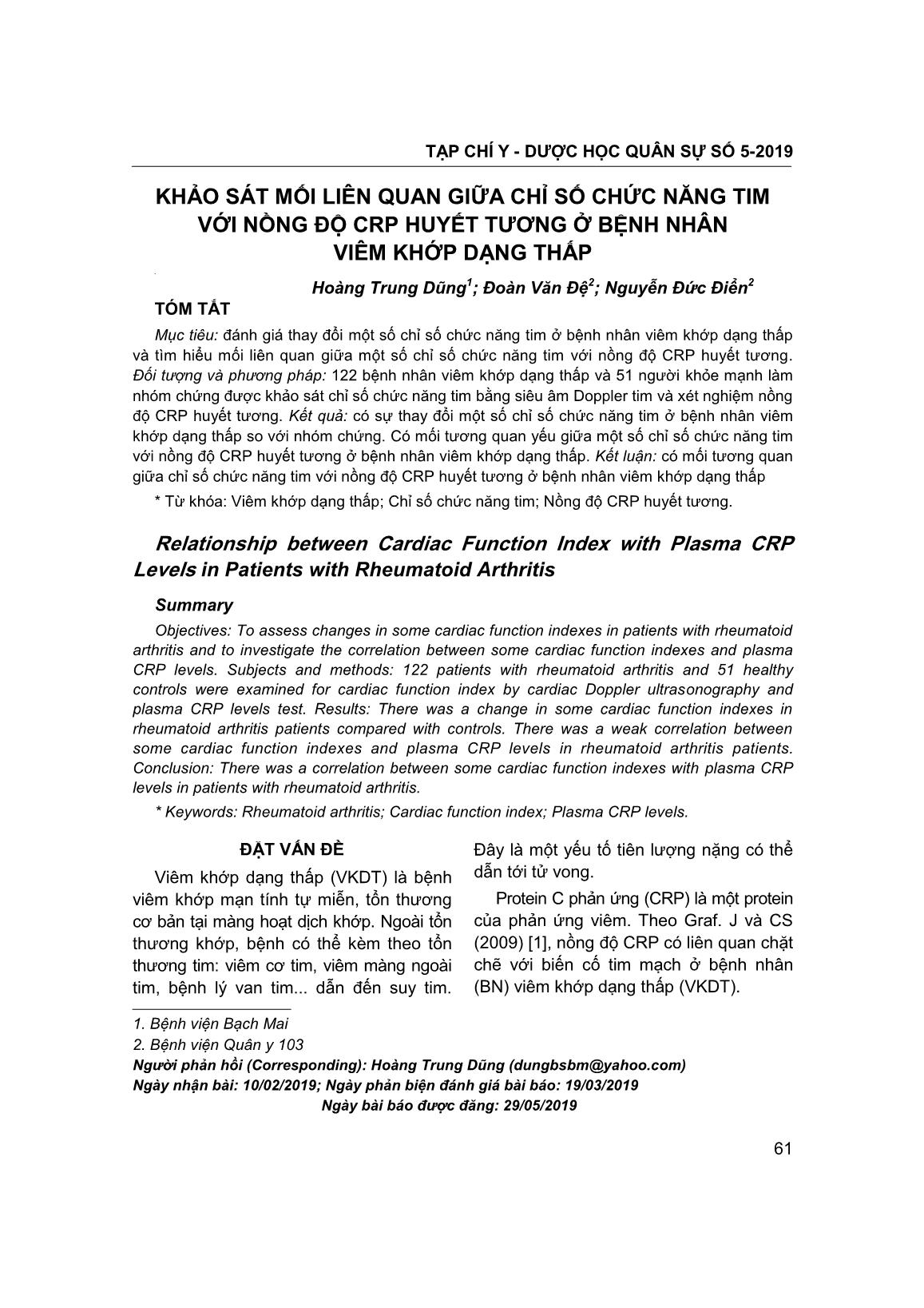 Khảo sát mối liên quan giữa chỉ số chức năng tim với nồng độ CRP huyết tương ở bệnh nhân viêm khớp dạng thấp trang 1